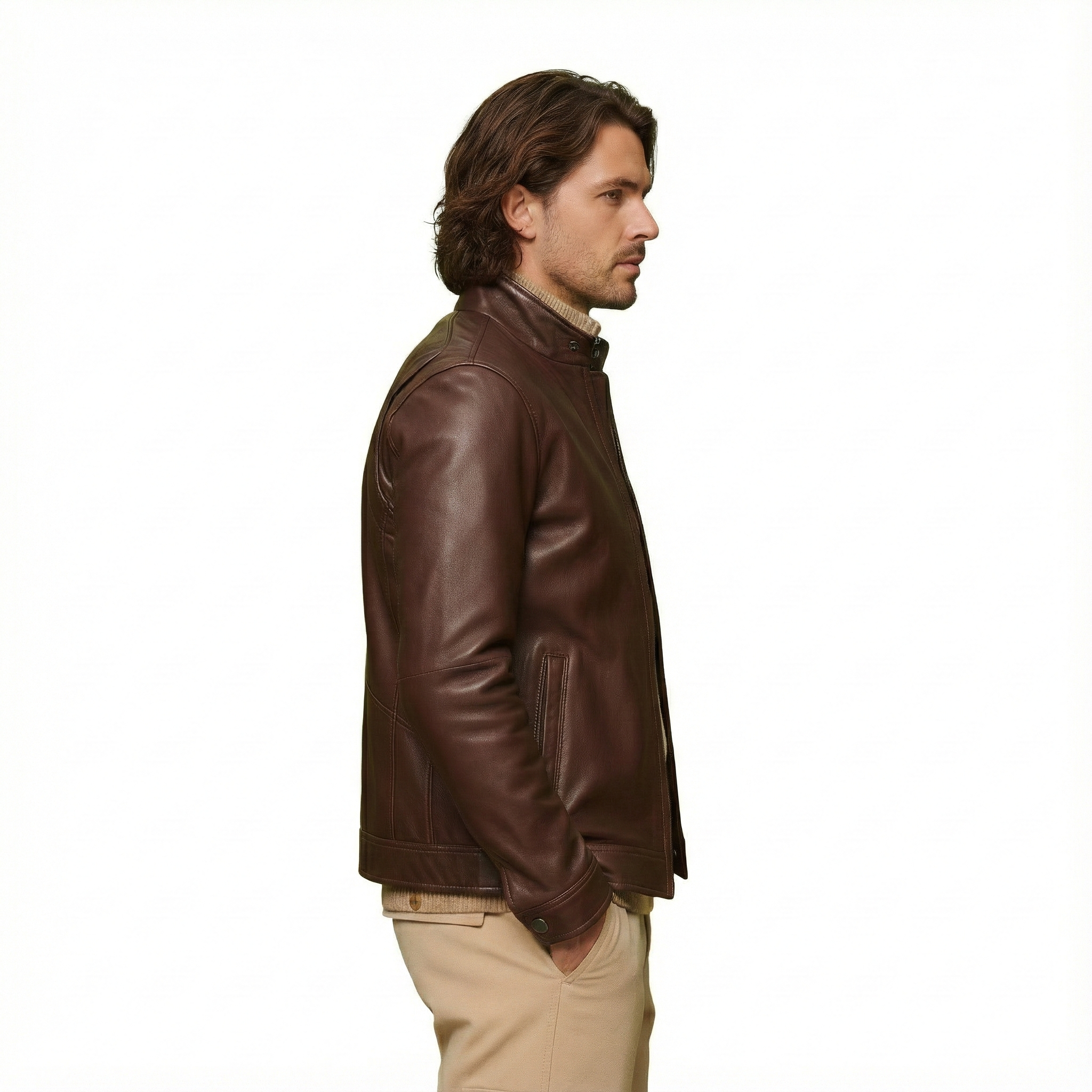 Men’s Brown Leather Jacket with Stand Collar