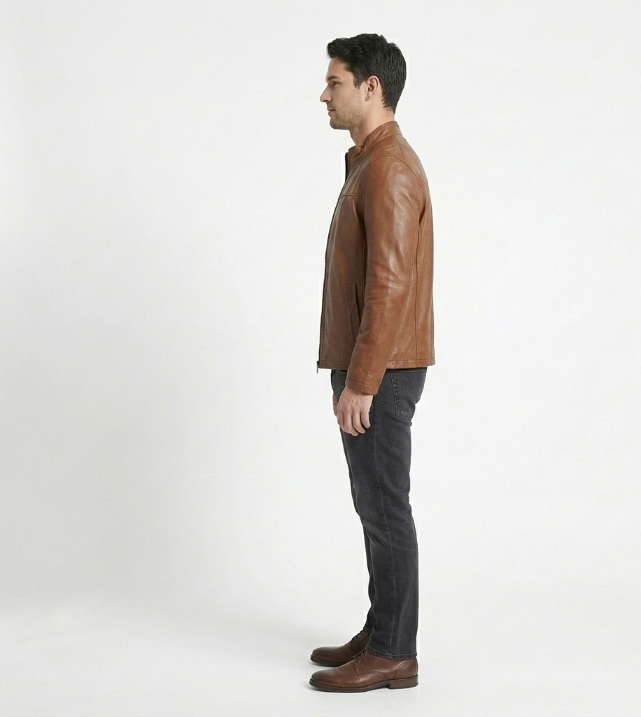 Men’s Brown Leather Jacket with Stand Collar