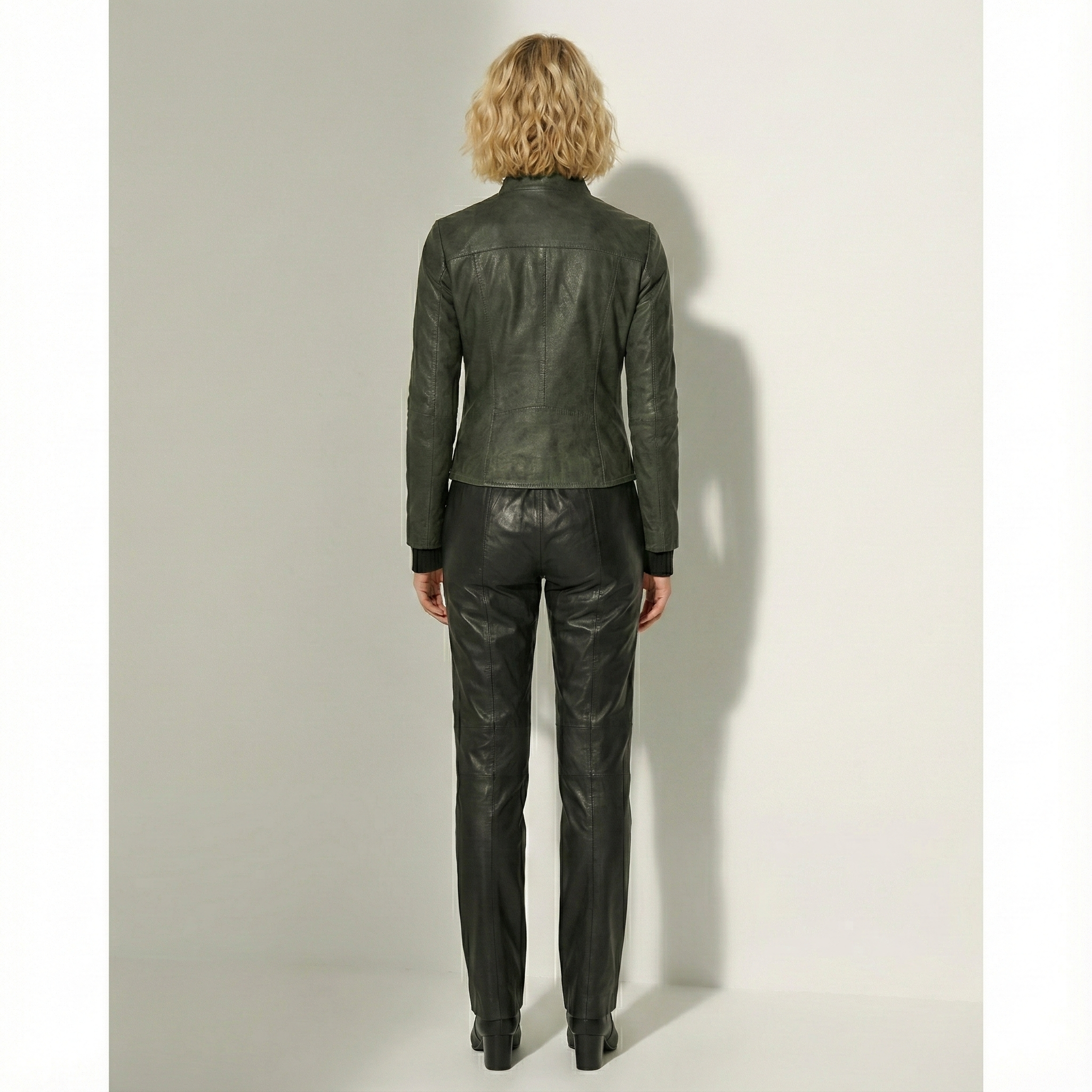 Women’s Dark Green Leather Jacket with Stand Collar