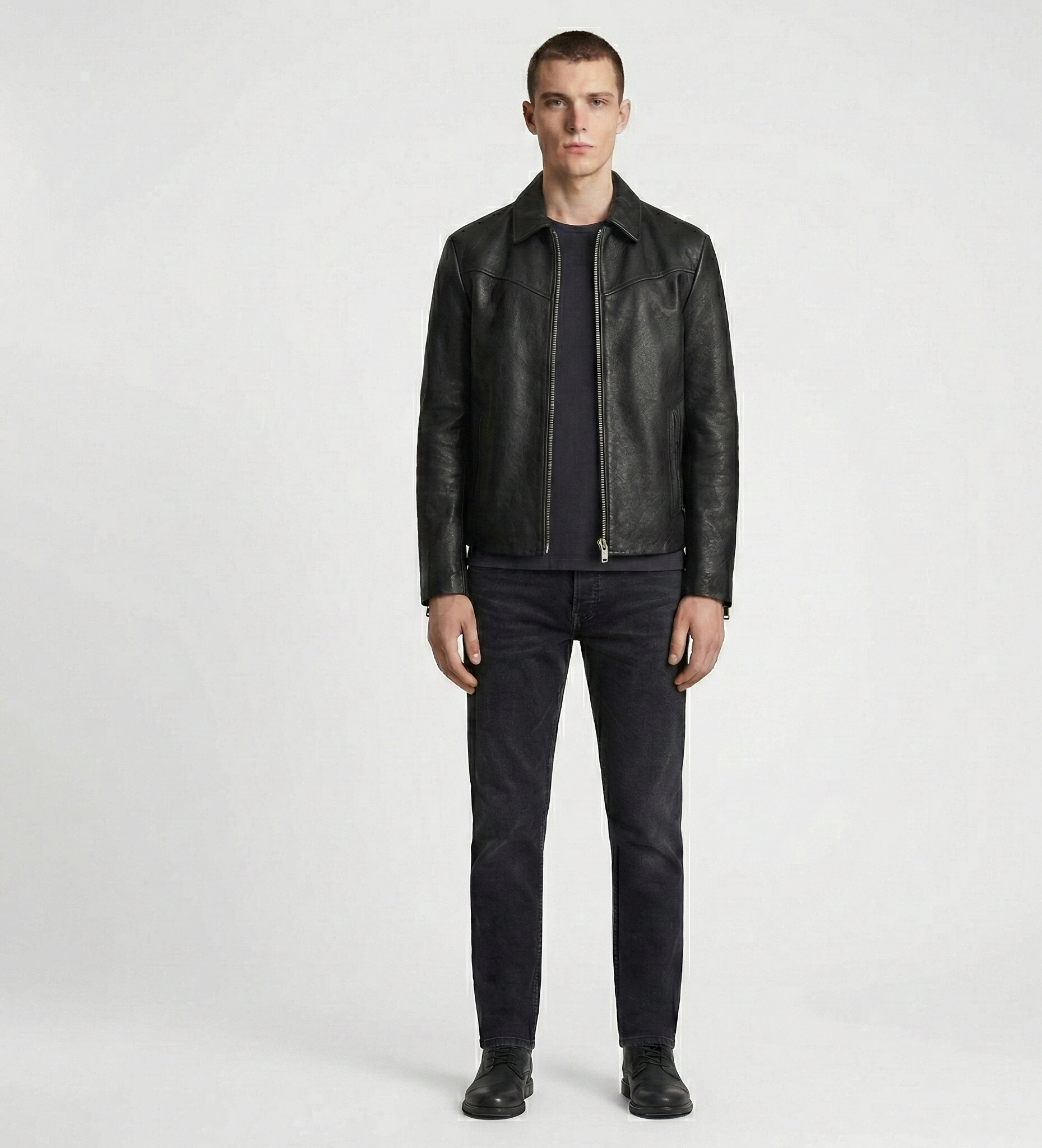Men’s Black Leather Zip Jacket – Modern Slim Fit