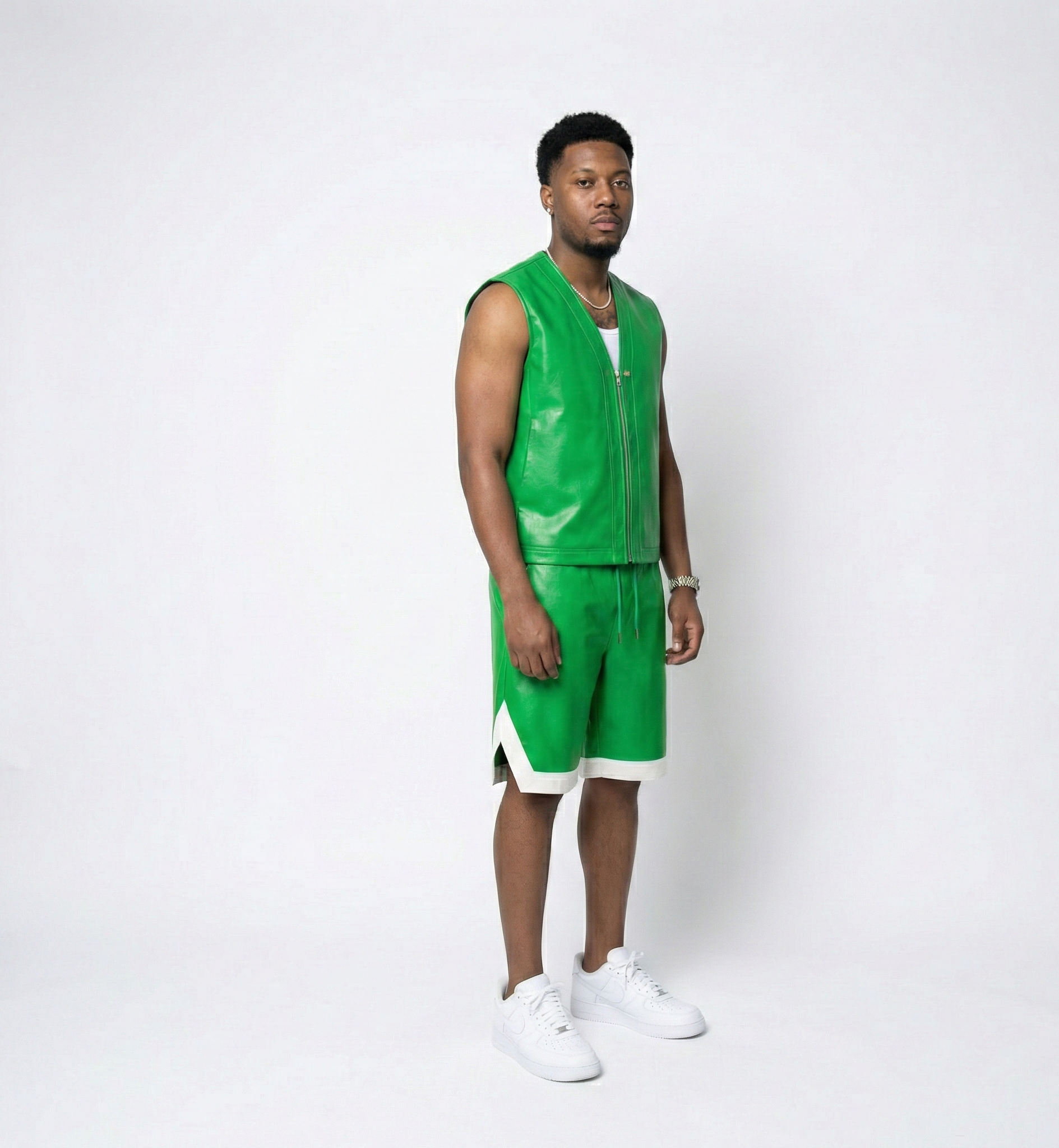 Men’s Green Leather Shorts – Modern Street Fit