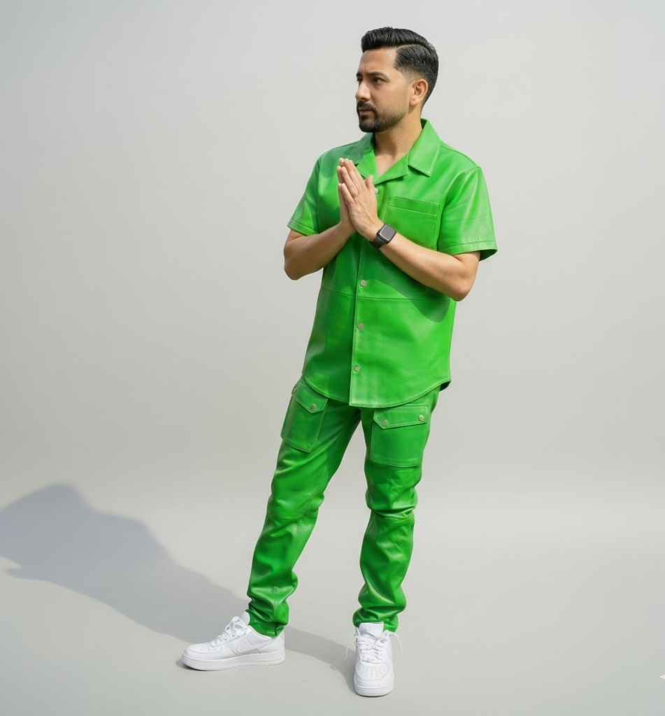 Men’s Green Matching Shirt and Cargo Pants Set – Modern Streetwear Outfit
