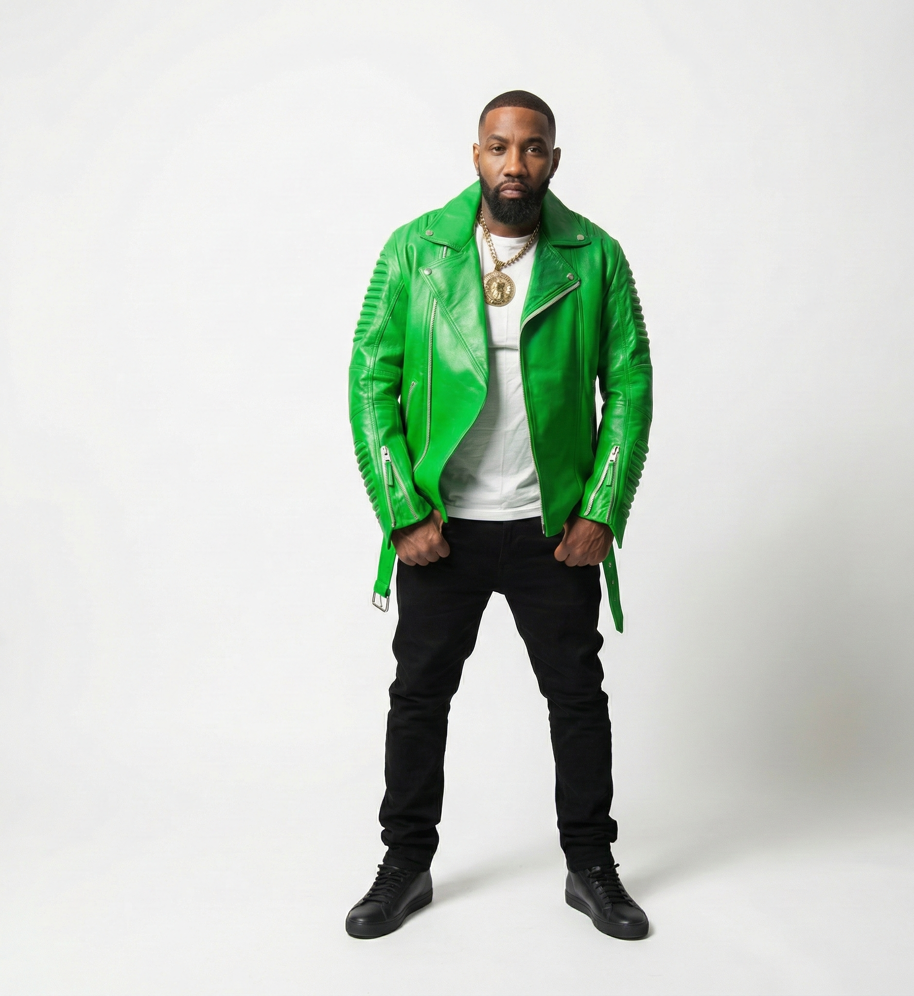 Men’s Green Leather Biker Jacket with Zip