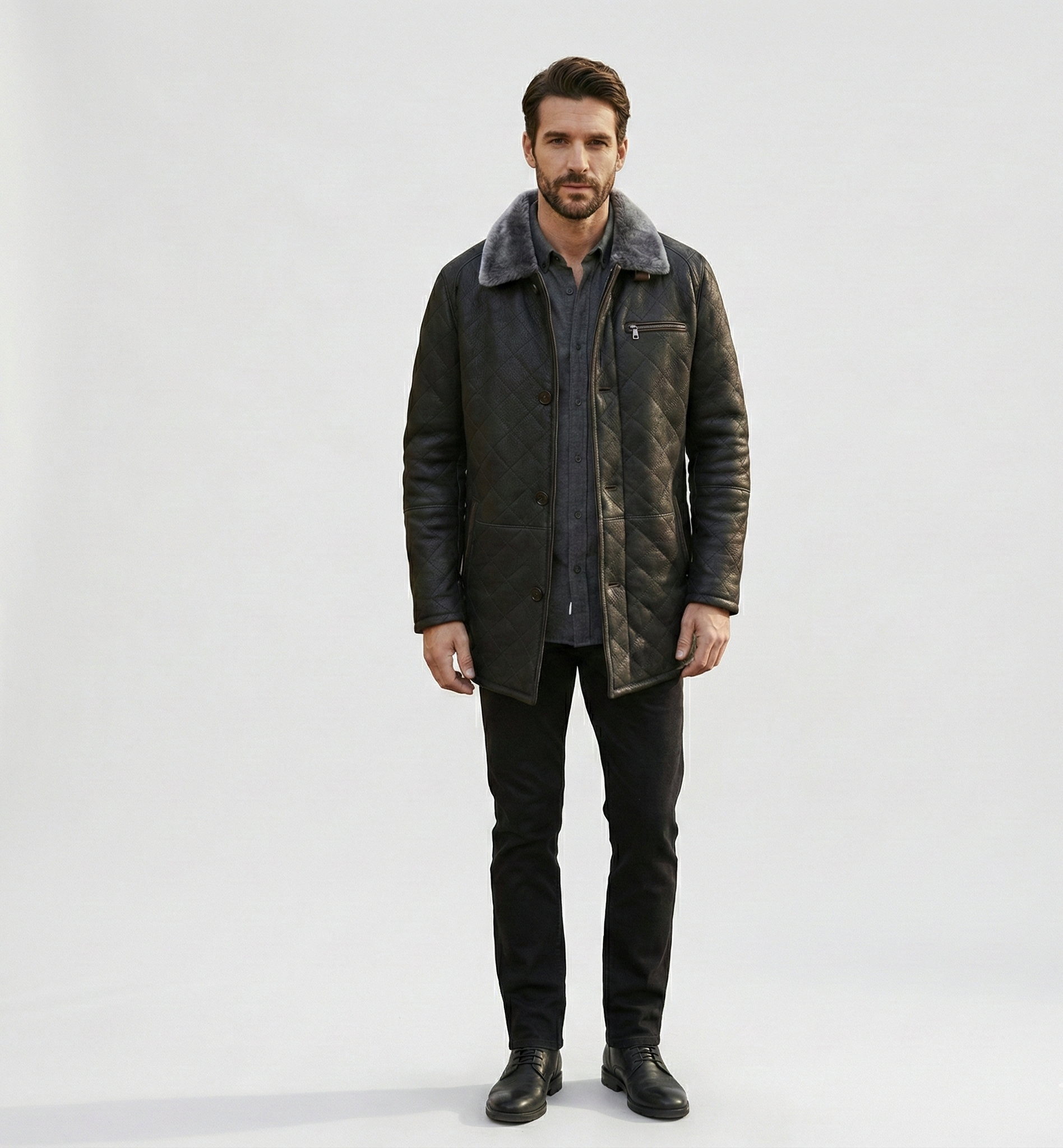 Men’s Quilted Shearling Collar Jacket – Black Mid-Length Winter Coat