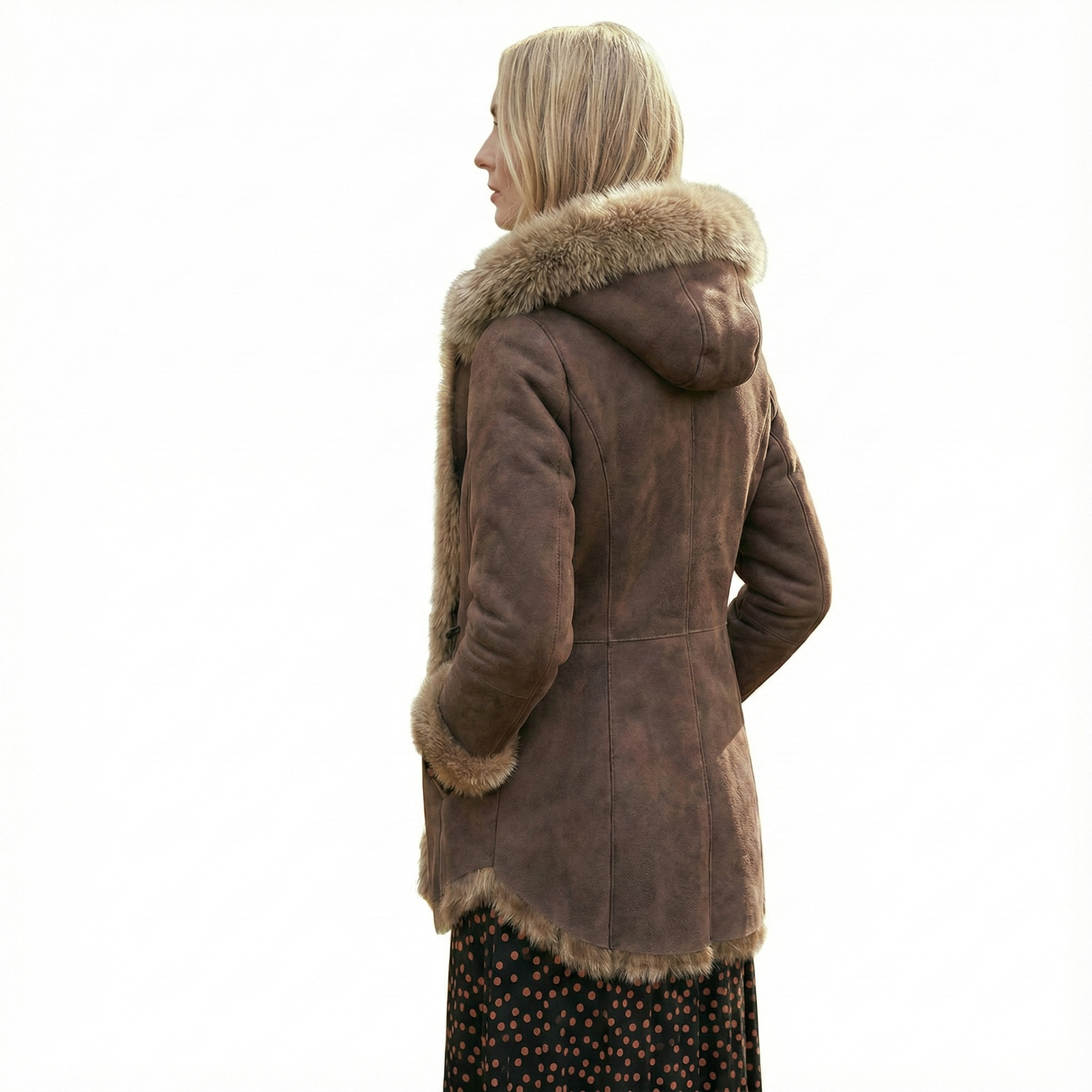 Women’s Brown Fur Hooded Mid-Length Winter Coat