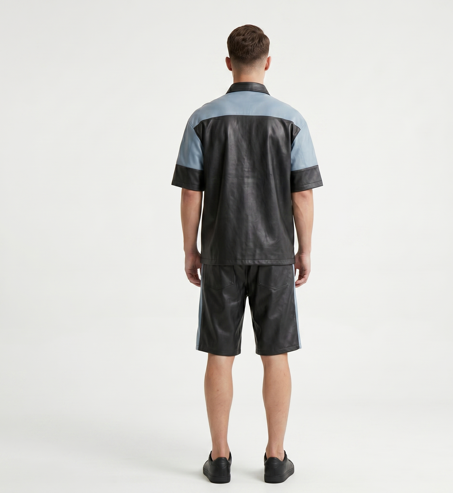Men’s Black & Blue Real Leather Shirt and Shorts Set – Modern Streetwear