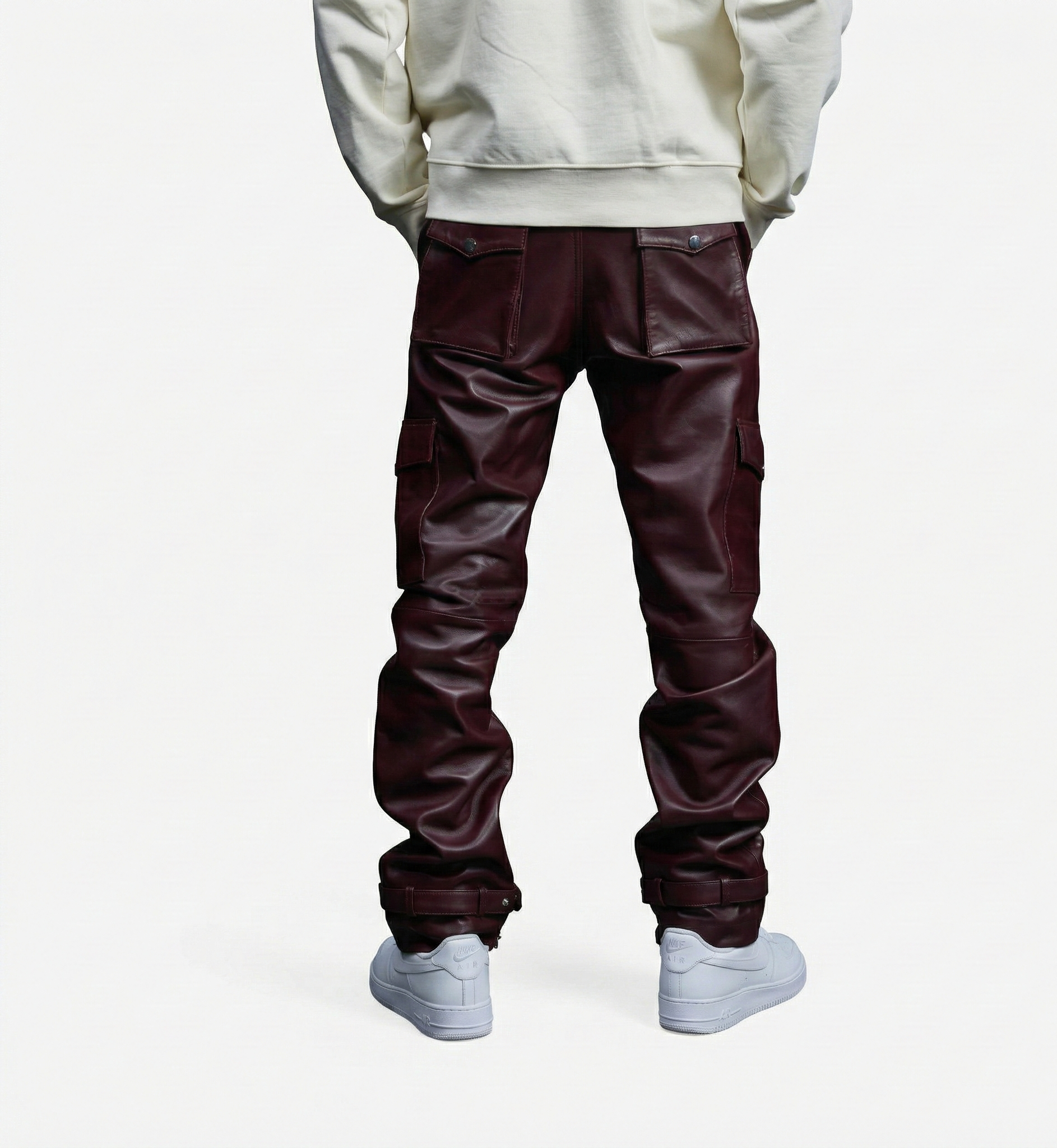 Men’s Wine Red Leather Cargo Pants