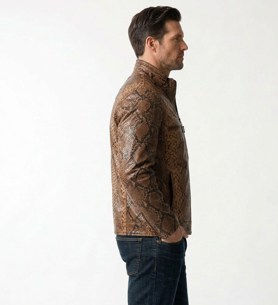 Men’s Brown Snakeskin Print Leather Jacket – Luxury Designer Zip-Up Biker Style