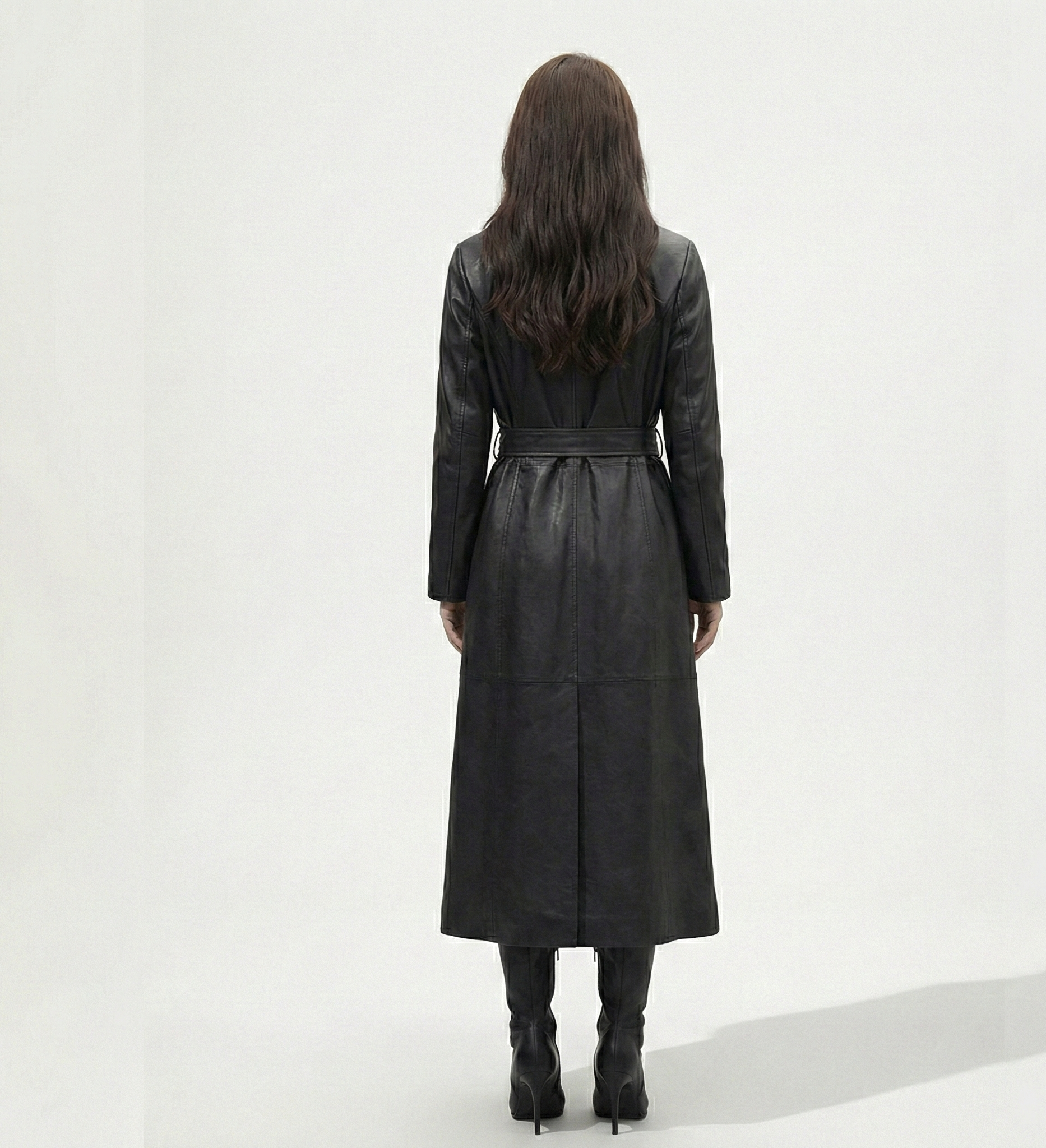 Women’s Black Leather Trench Coat – Belted Longline Fit