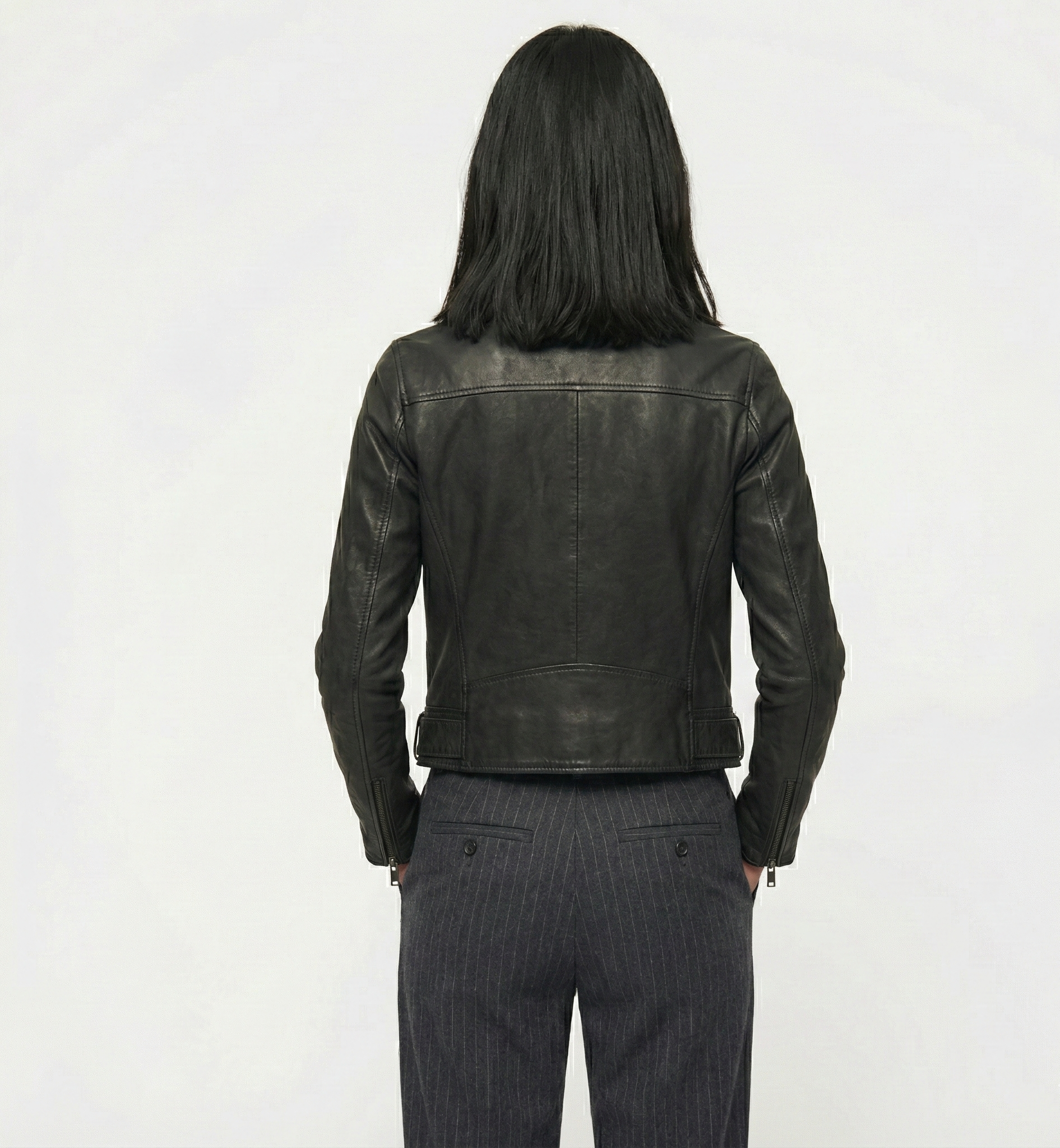 Women’s Black Leather Biker Jacket with Zip Front