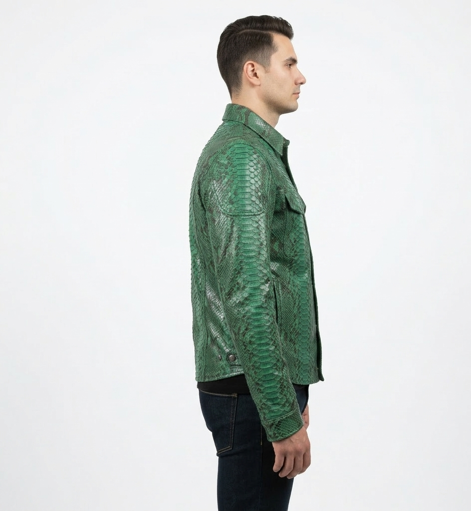 Men’s Green Snakeskin Print Leather Shirt Jacket – Luxury Design