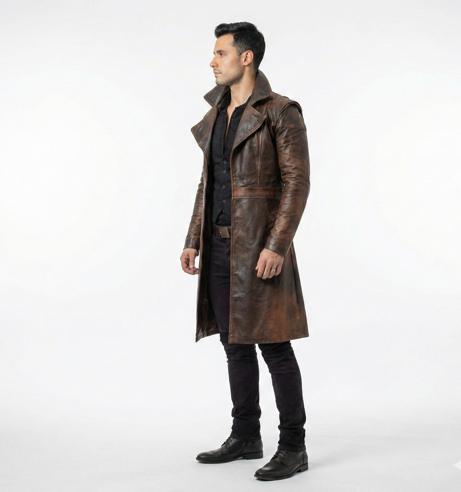 Men’s Brown Distressed Leather Long Trench Coat – Tailored Fit