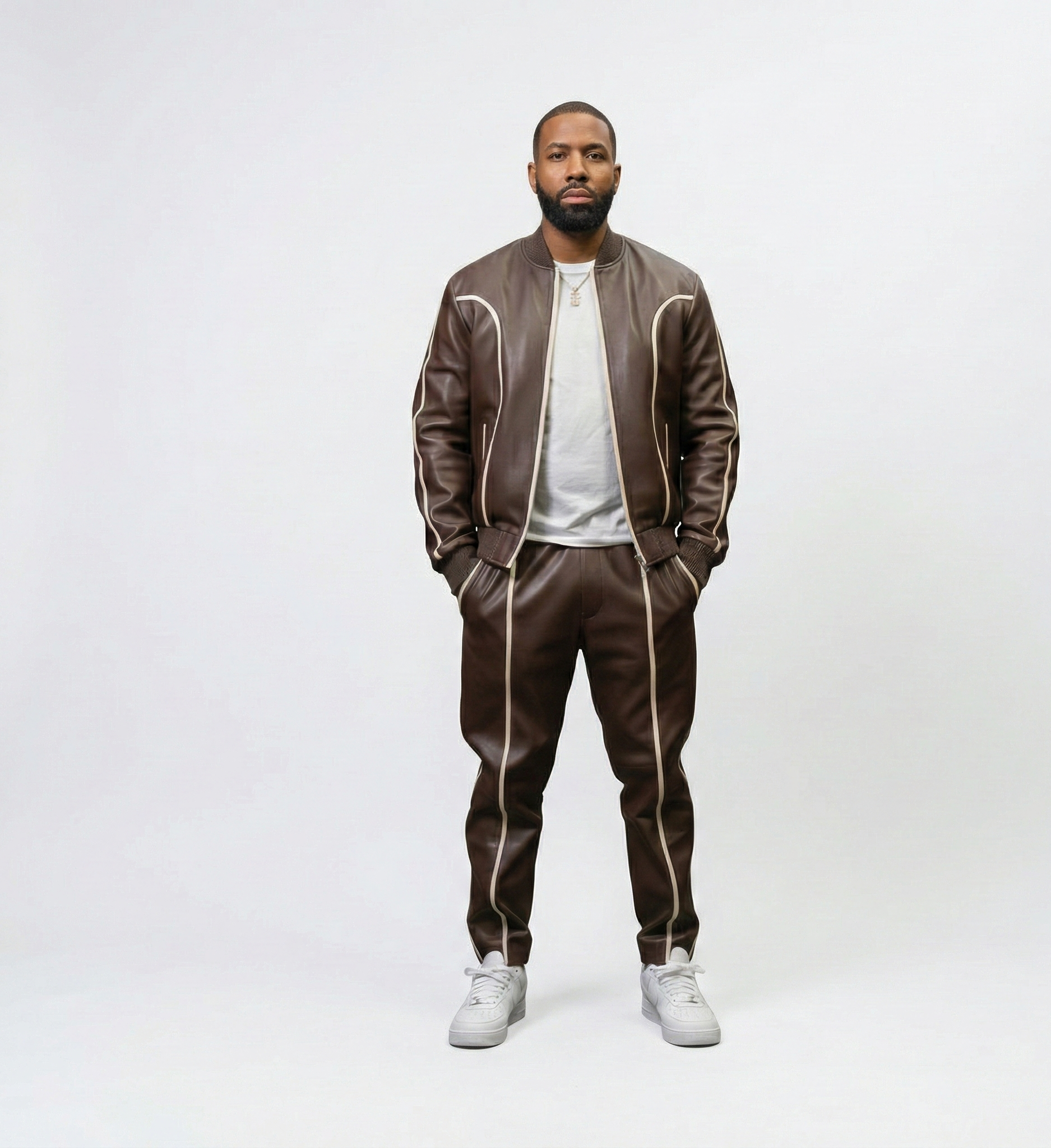 Men’s Brown Leather Zip-Up Jacket and Slim Pants Set