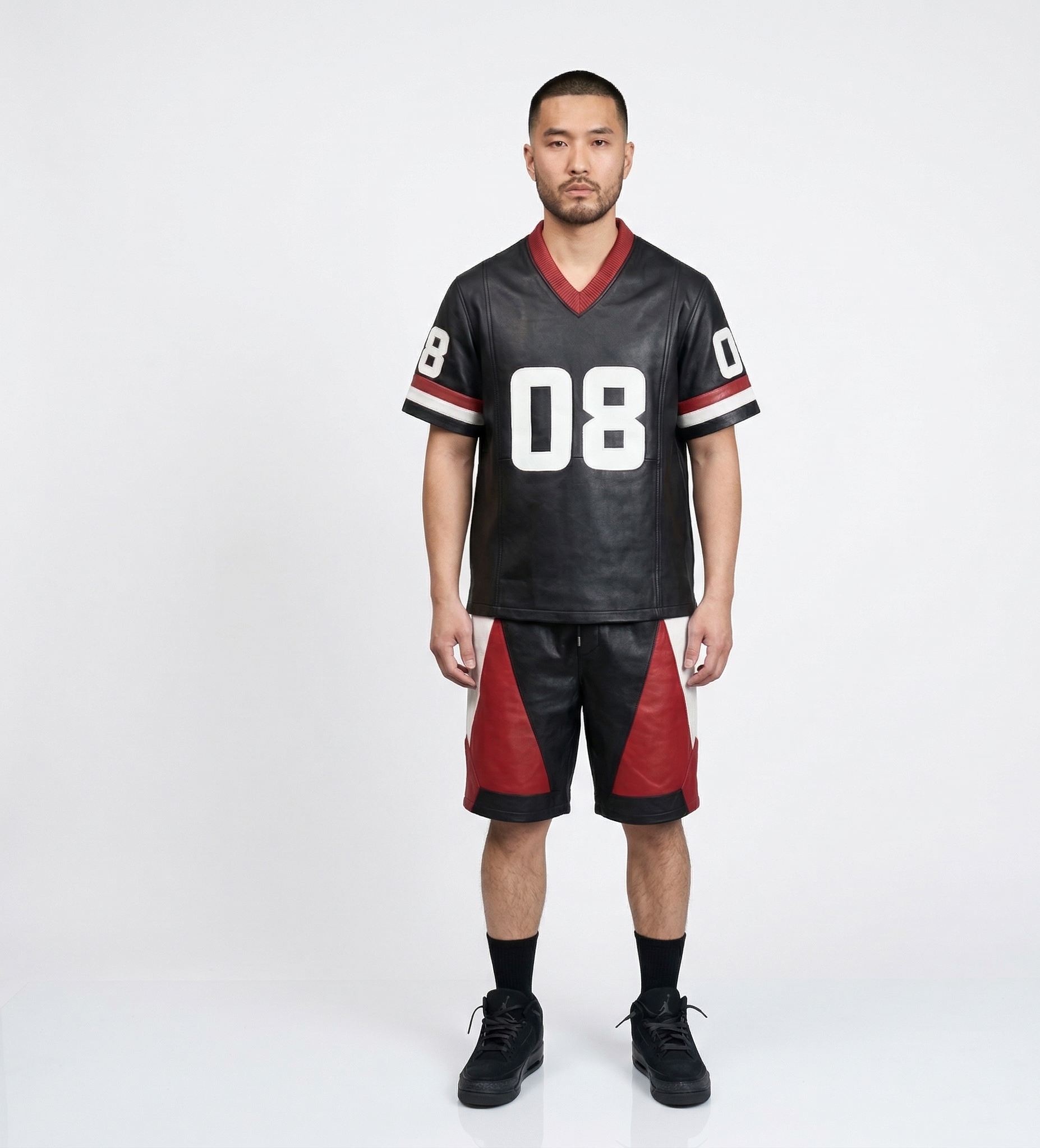 Men’s Urban Leather Jersey Outfit  – Black & Red Leather Sportswear Two-Piece Set