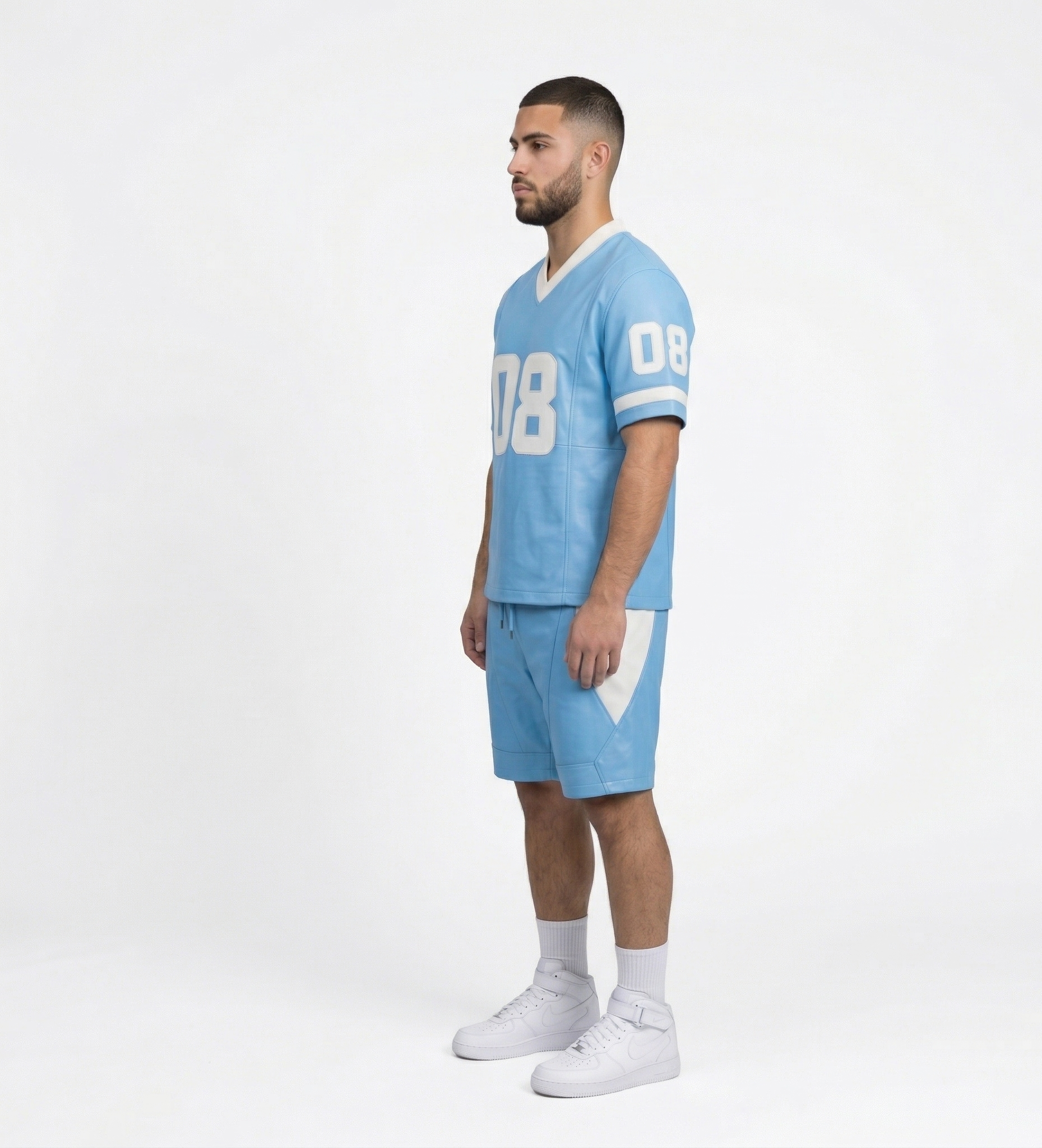Men’s Urban Leather Jersey Outfit – Blue Sportswear Two-Piece Set