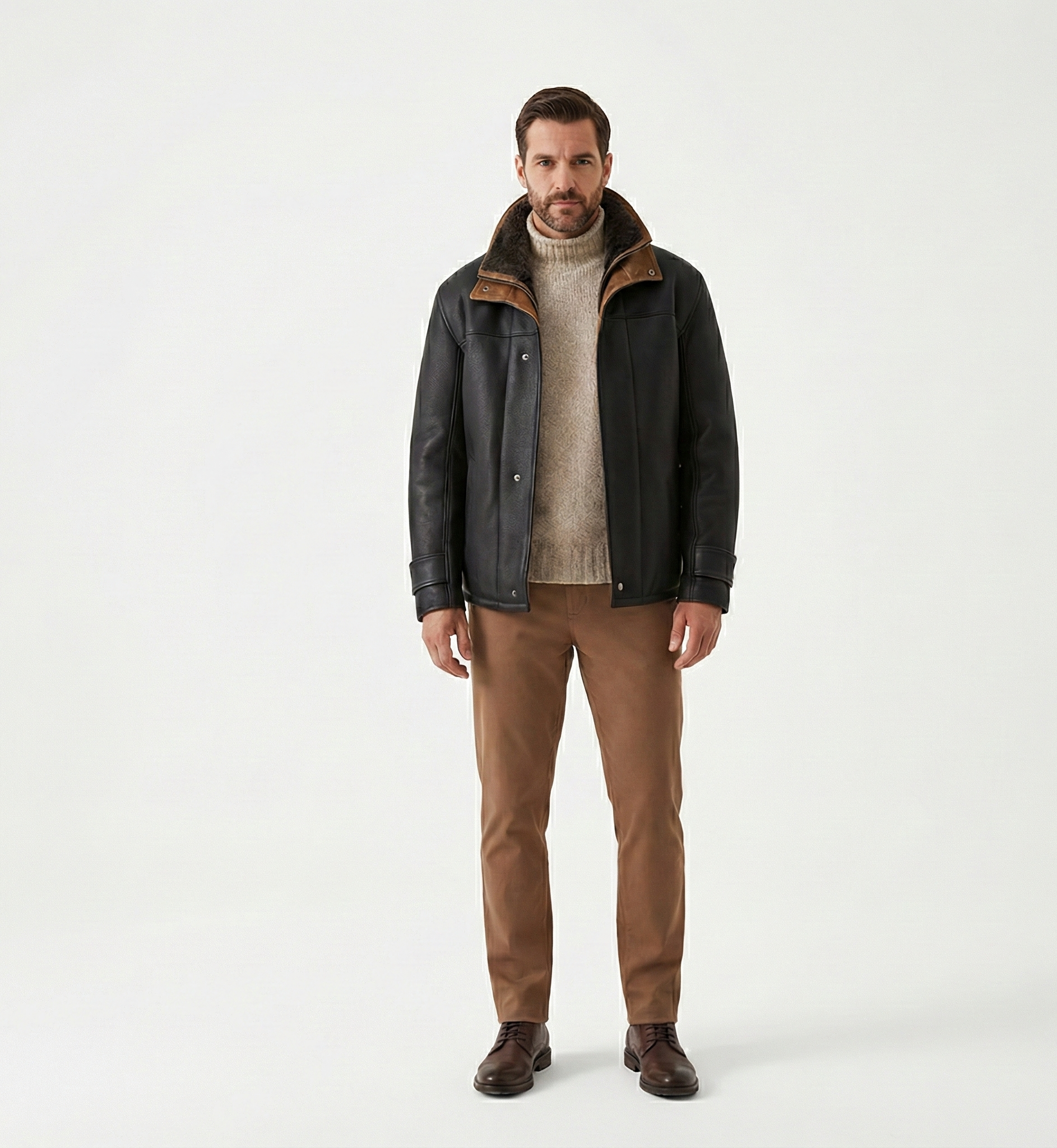 Men’s Black Leather Jacket with Shearling Collar