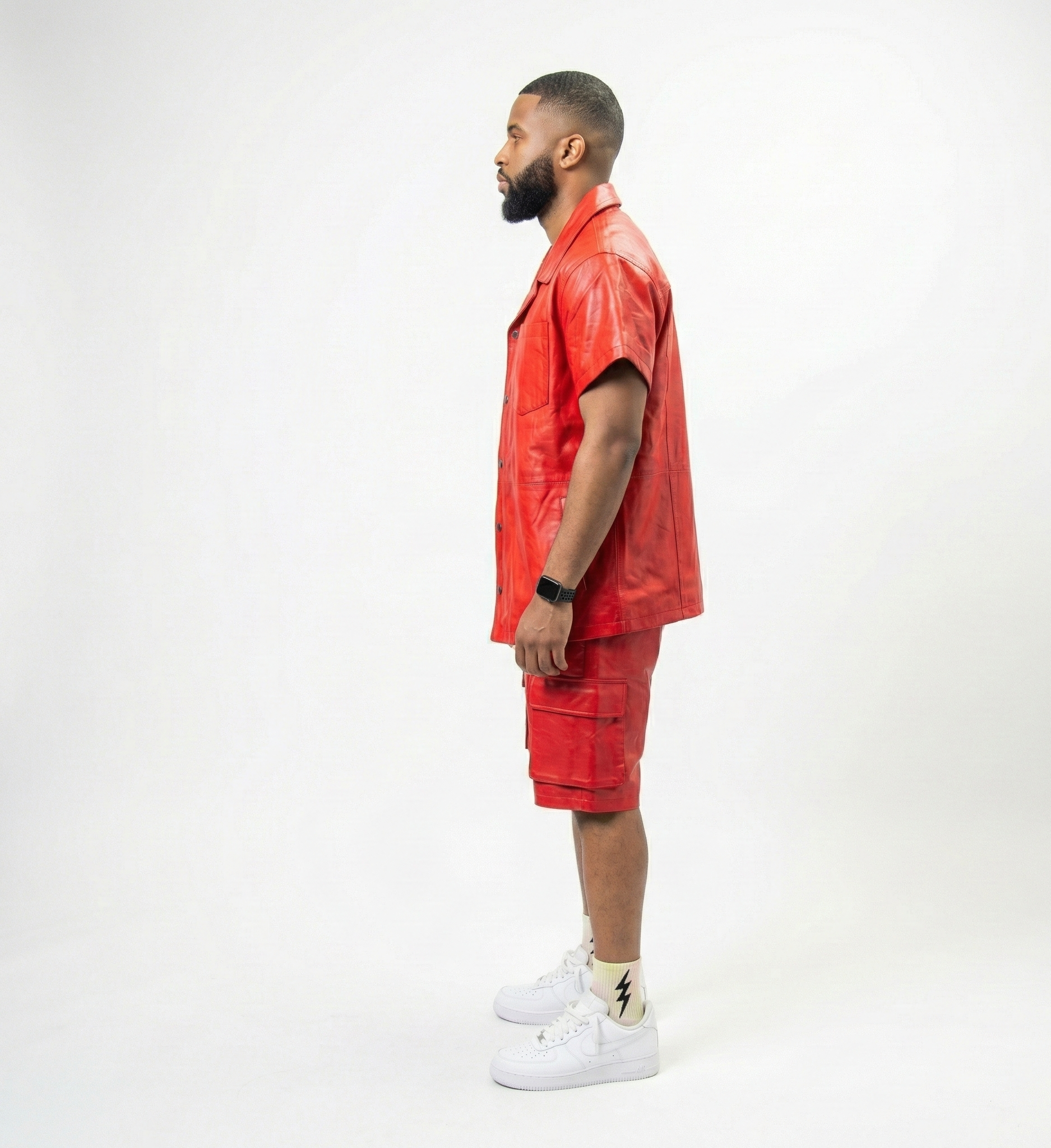 Men’s Red Leather Streetwear Set with Cargo Shorts