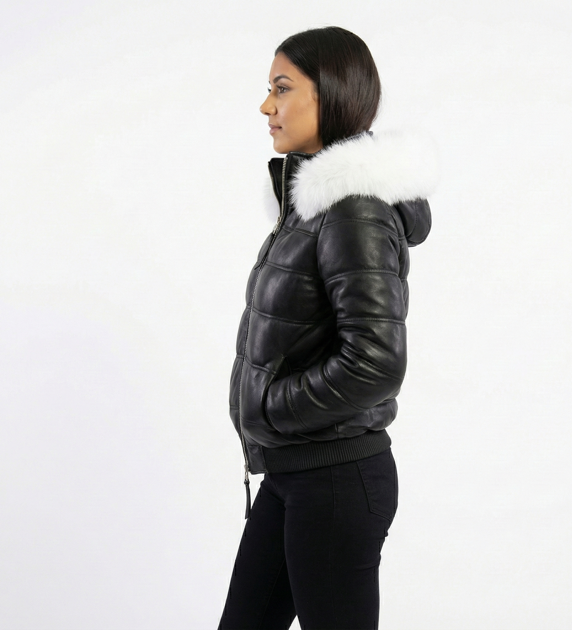 Women’s Black Leather Puffer Jacket with White Fur Hood