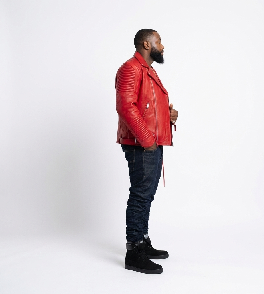 Men’s Red Leather Biker Jacket with Ribbed Sleeves