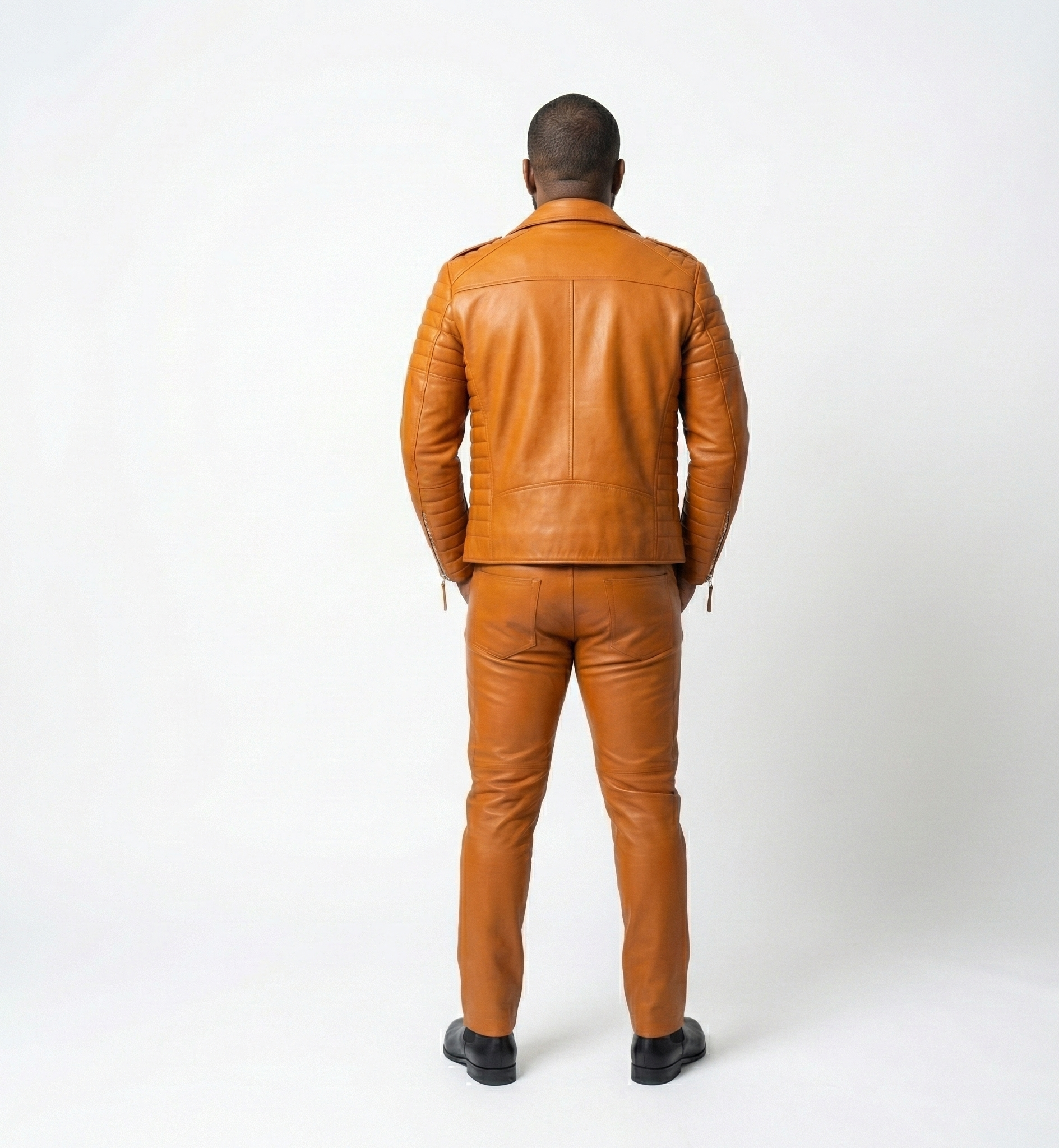 Men’s Orange Leather Motorcycle Jacket with Quilted Panels