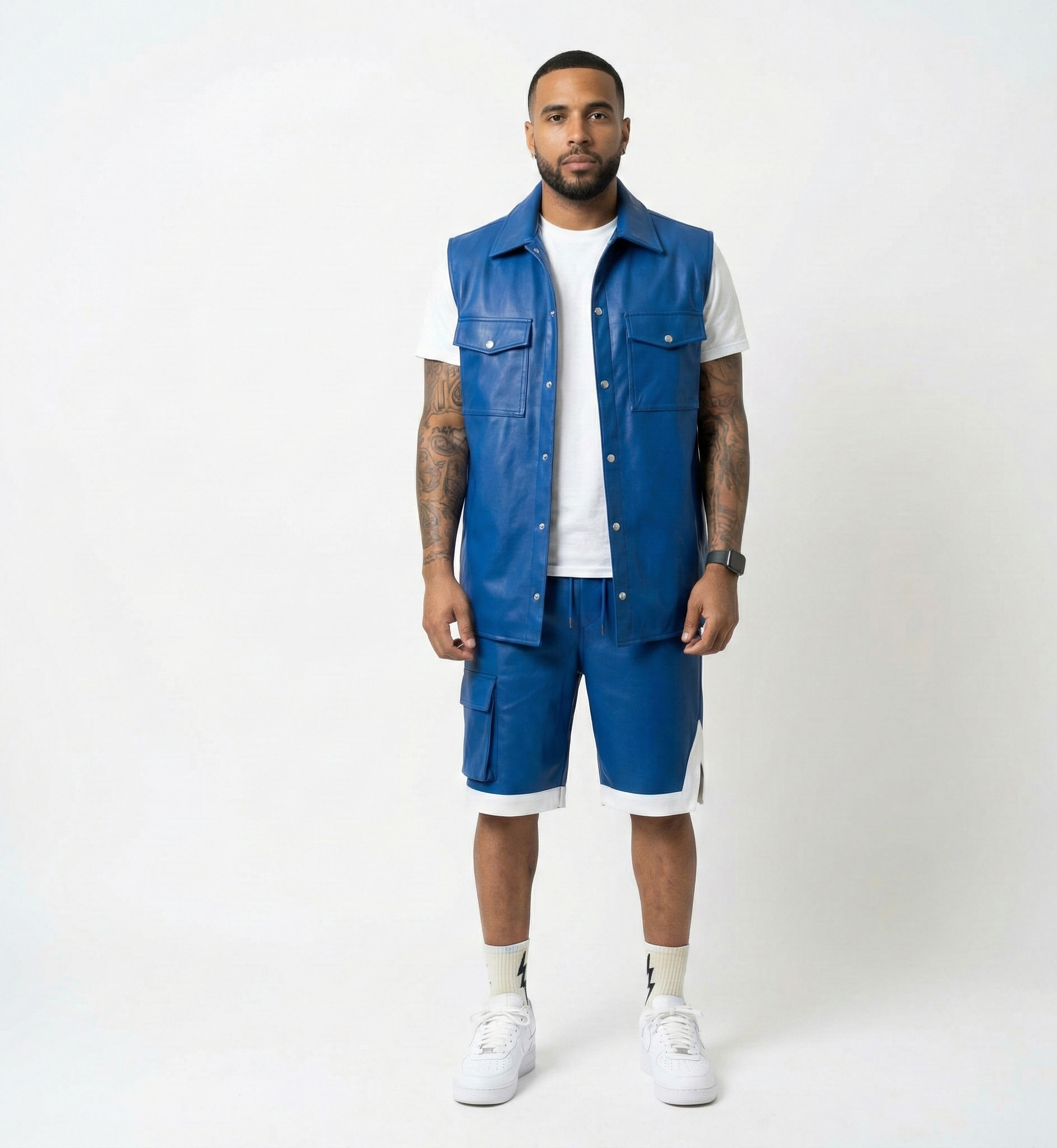 Men’s Blue Leather Cargo Shorts – Casual Street Fit