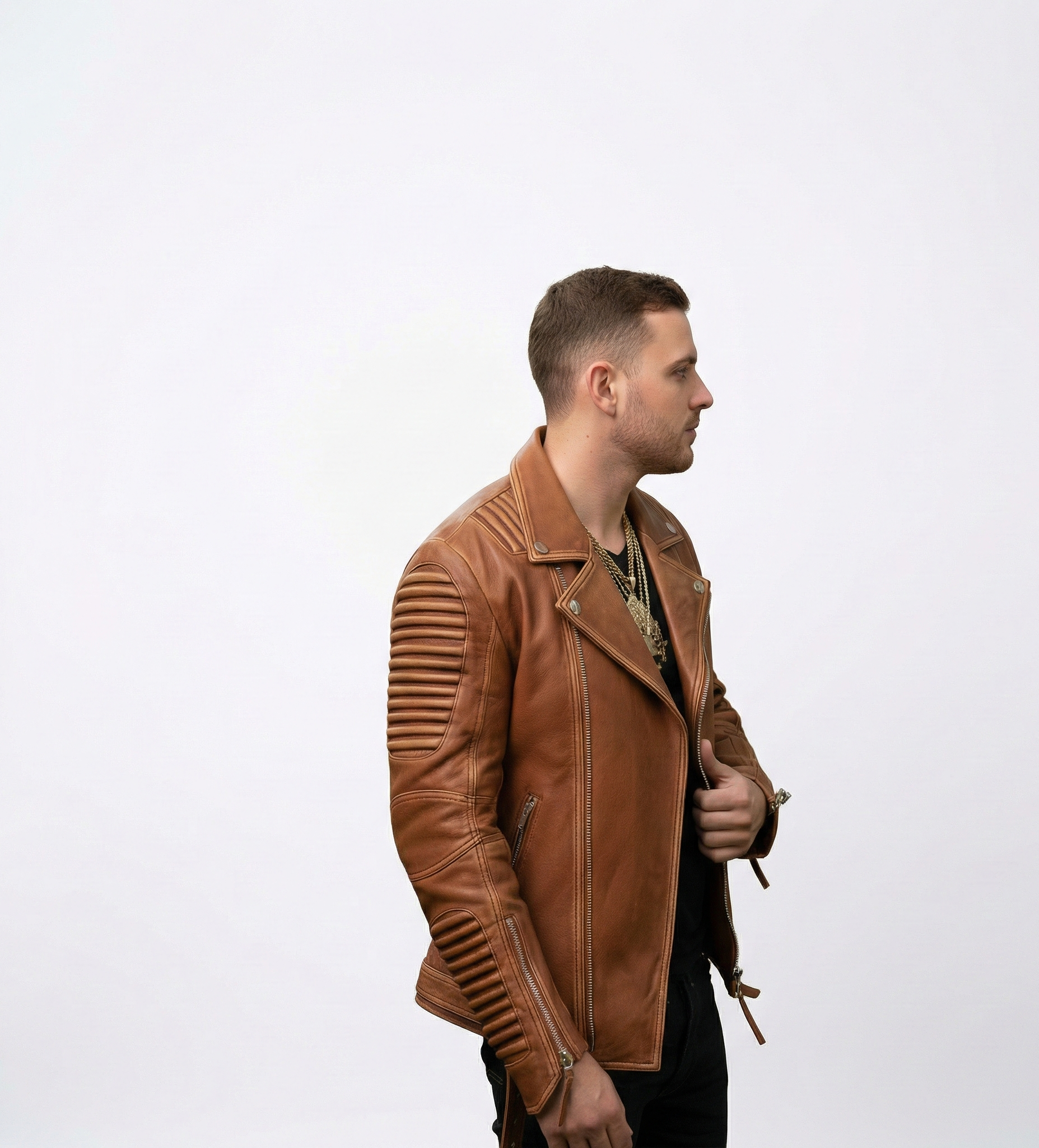 Men’s Brown Leather Biker Jacket with Ribbed Sleeves