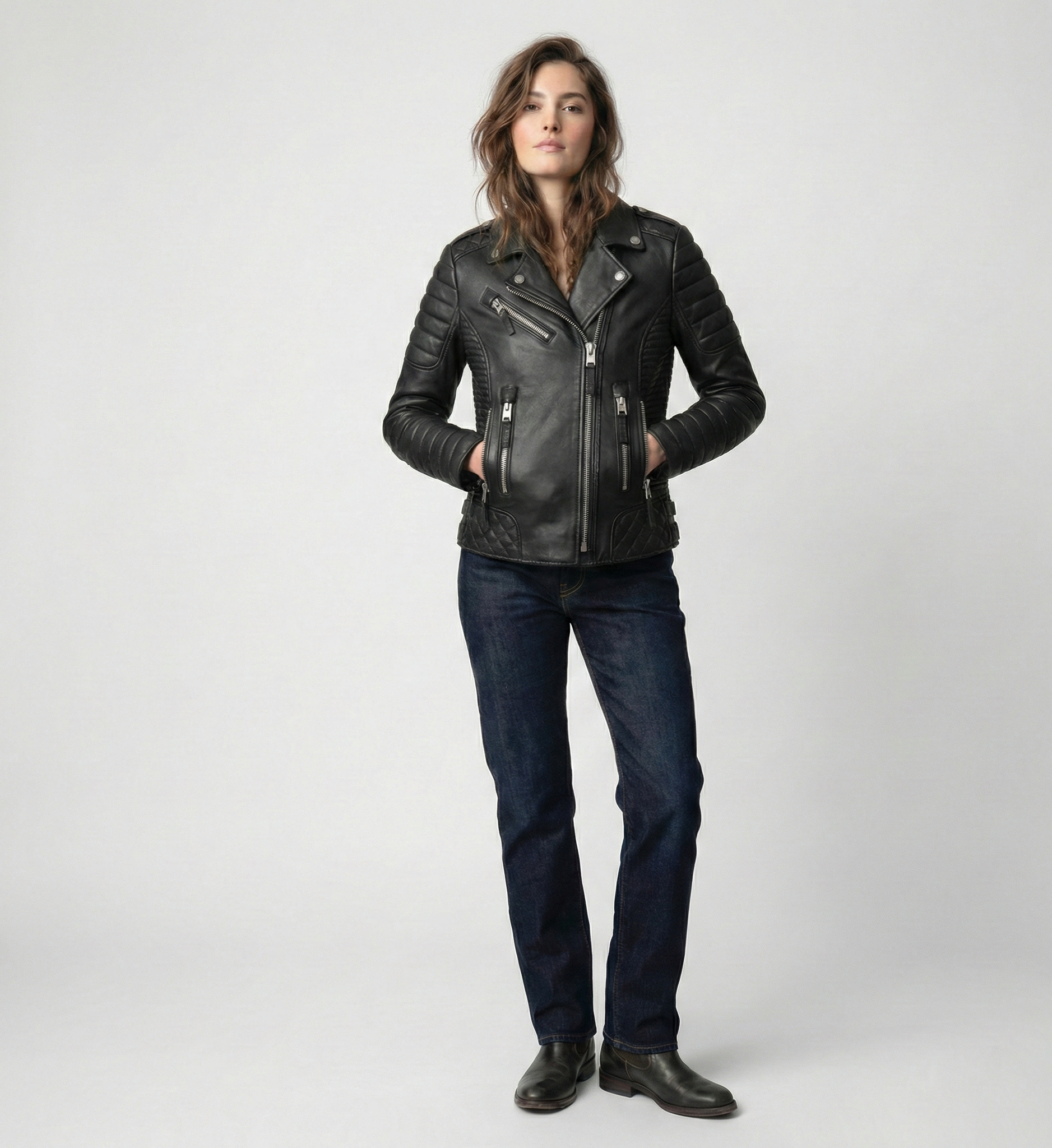 Women’s Black Leather Biker Jacket with Quilted Moto
