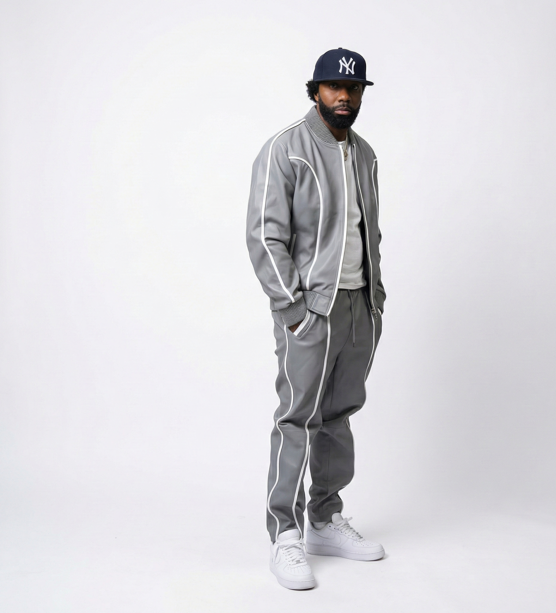 Men’s Gray Leather Zip-Up Jacket and Track Pants Set