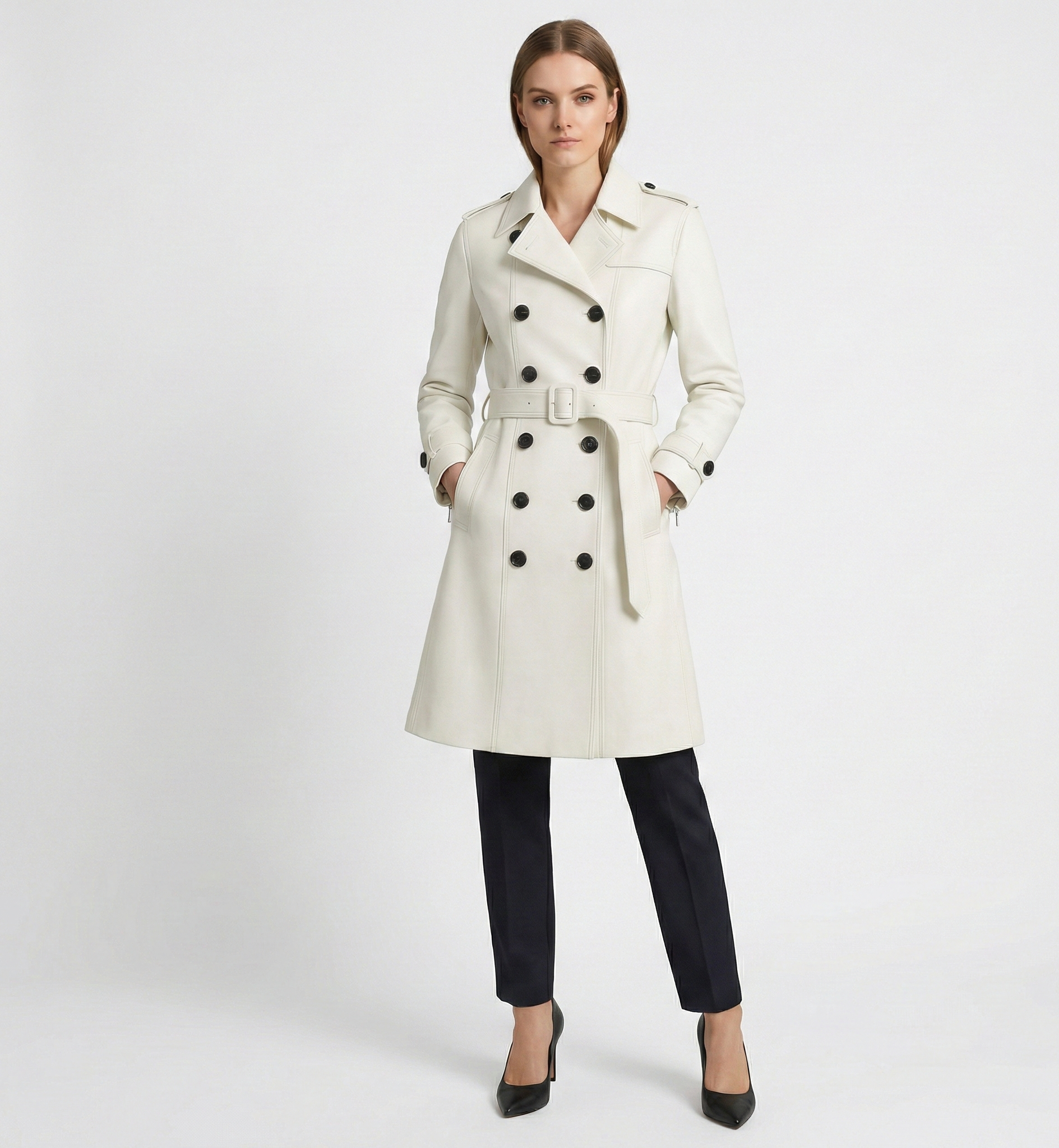 Women’s Ivory Trench Coat – Double-Breasted Fit