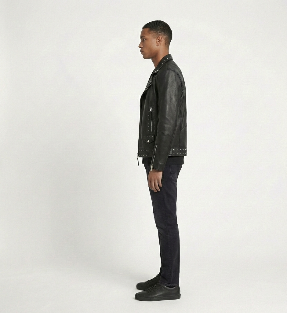 Men’s Black Leather Studded Motorcycle Jacket – Modern Biker