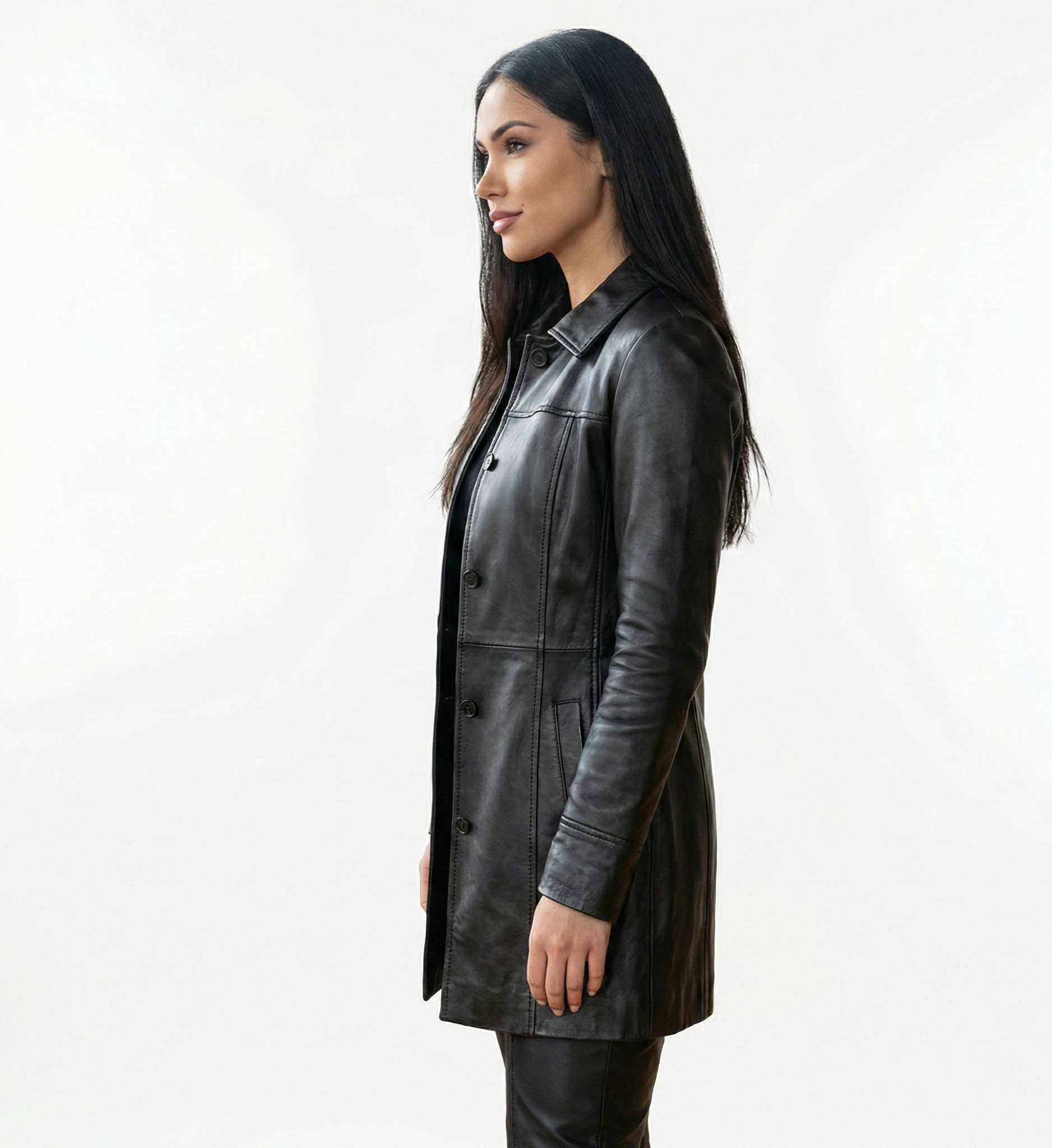 Women’s Black Leather Trench Coat – Modern Outerwear