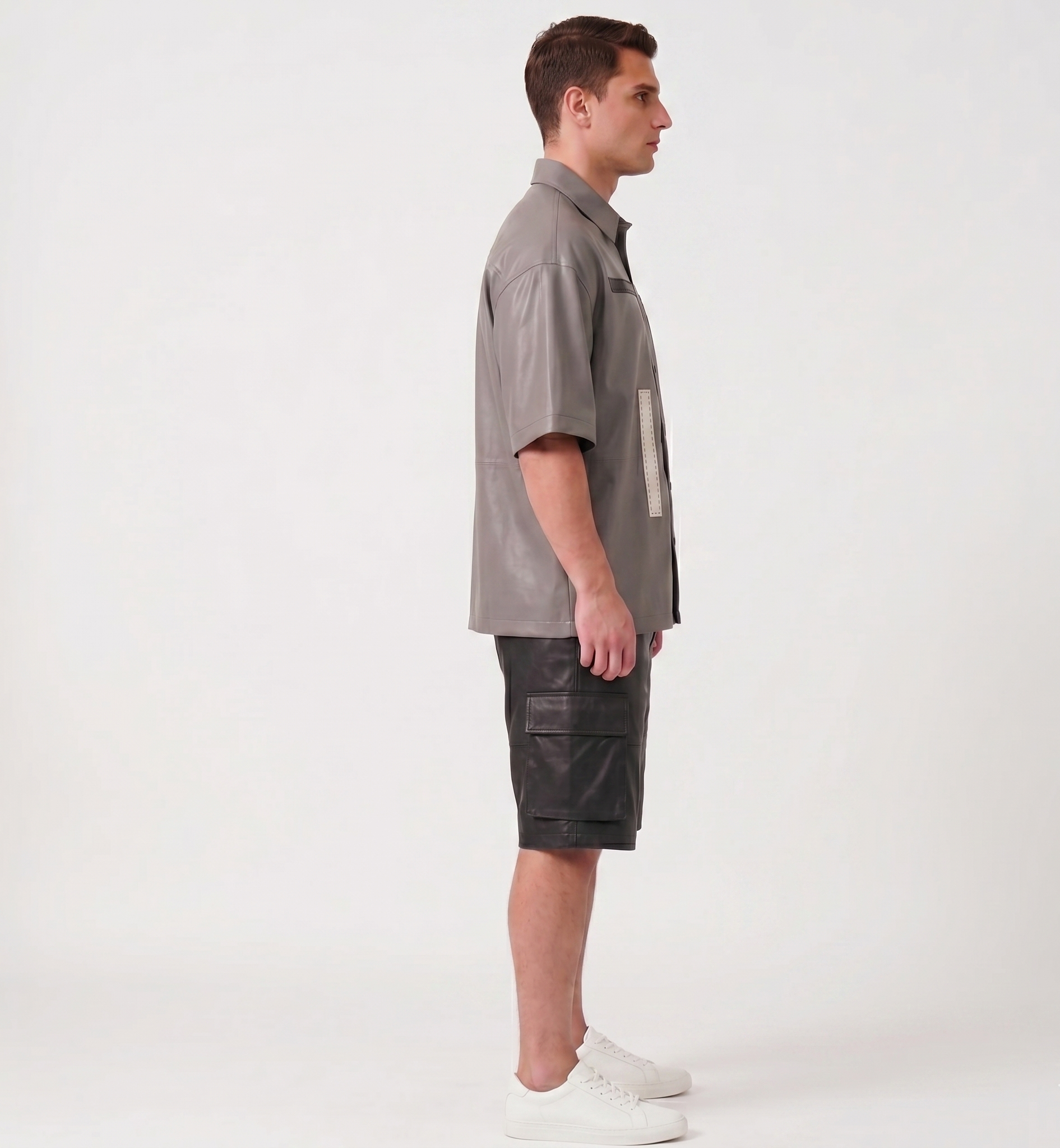Men’s Oversized real Leather Shirt & Cargo Shorts Set – Urban Streetwear