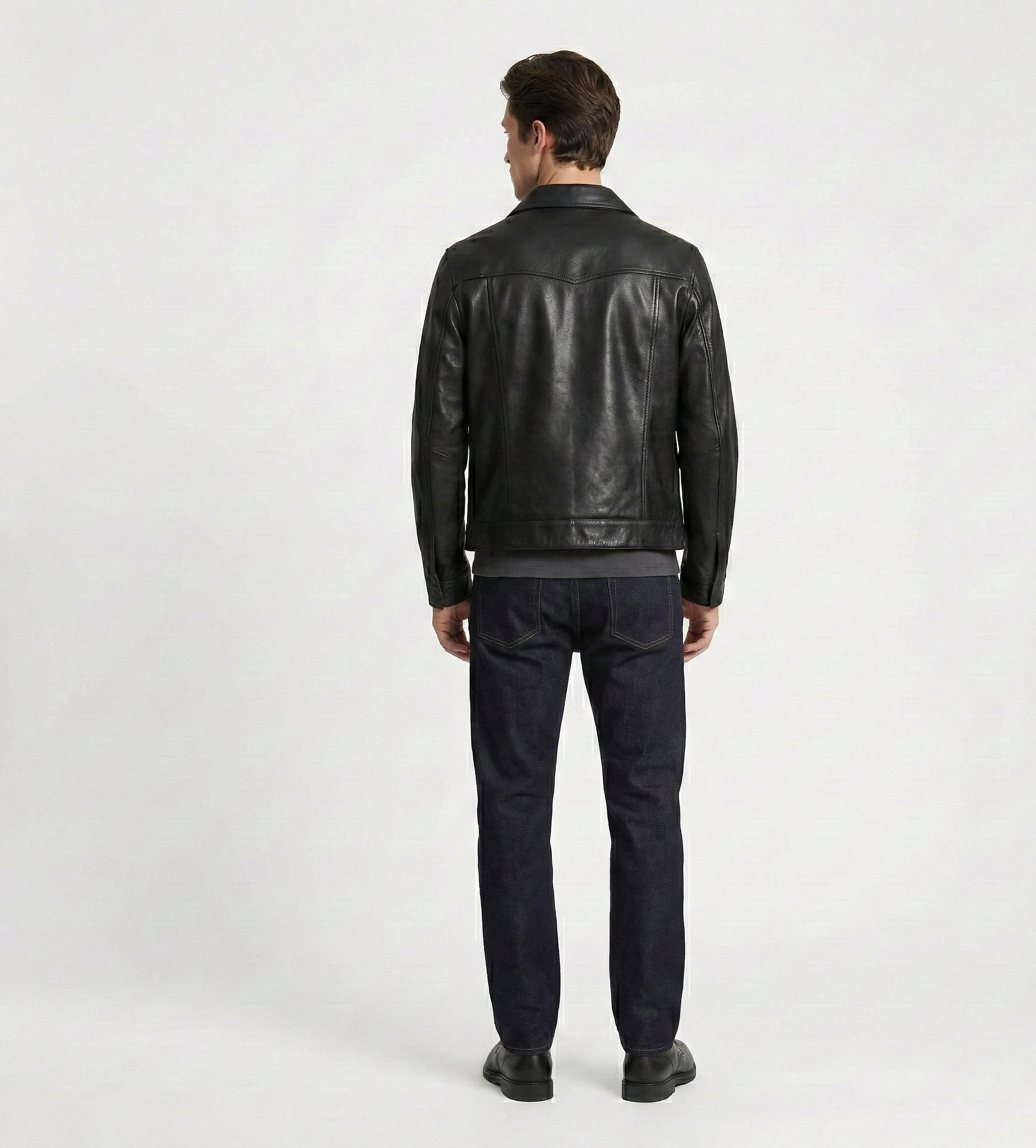 Men’s Black Leather Trucker Jacket – Classic Button Front Style