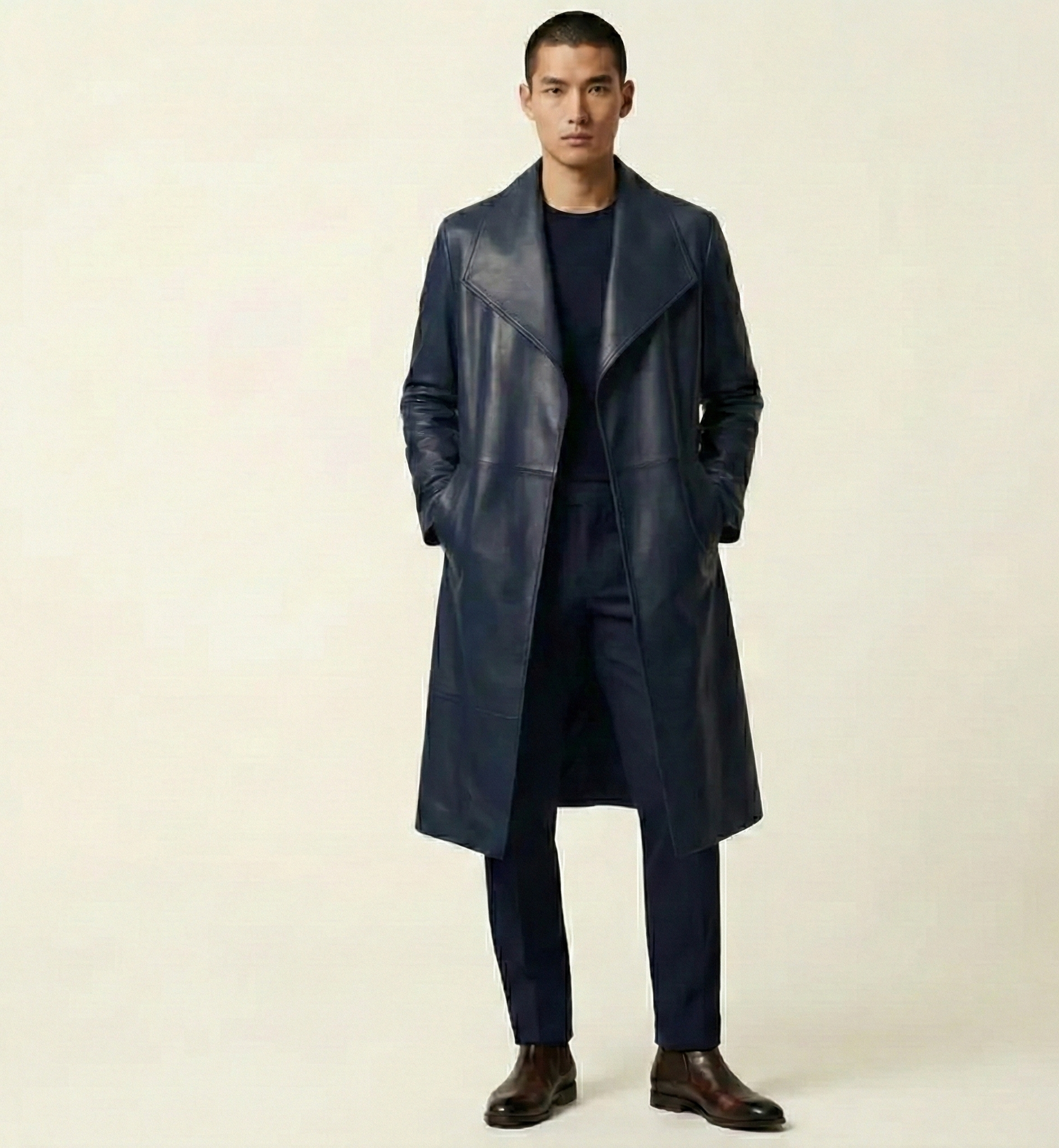 Men’s Dark Leather Long Trench Coat –  Outerwear