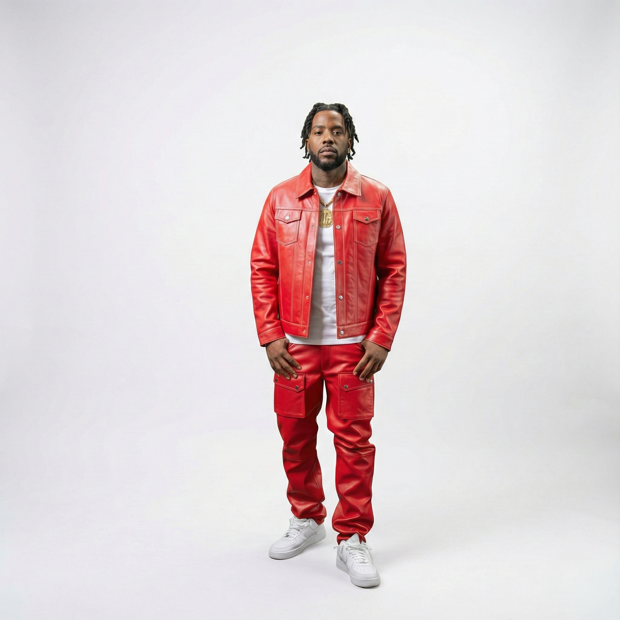 Men’s Red Leather Jacket & Cargo Pants Two-Piece Set