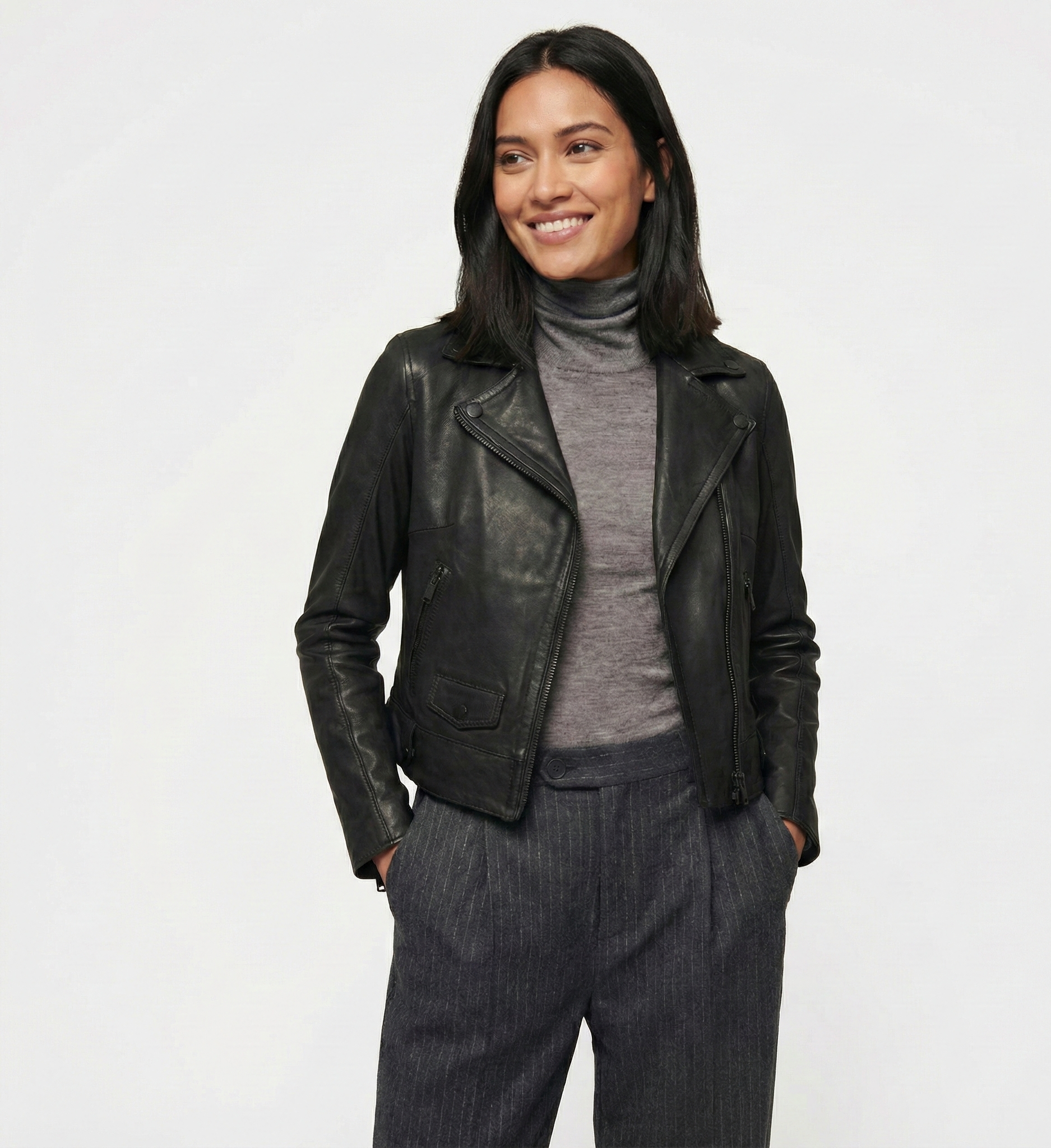 Women’s Black Leather Biker Jacket with Zip Front