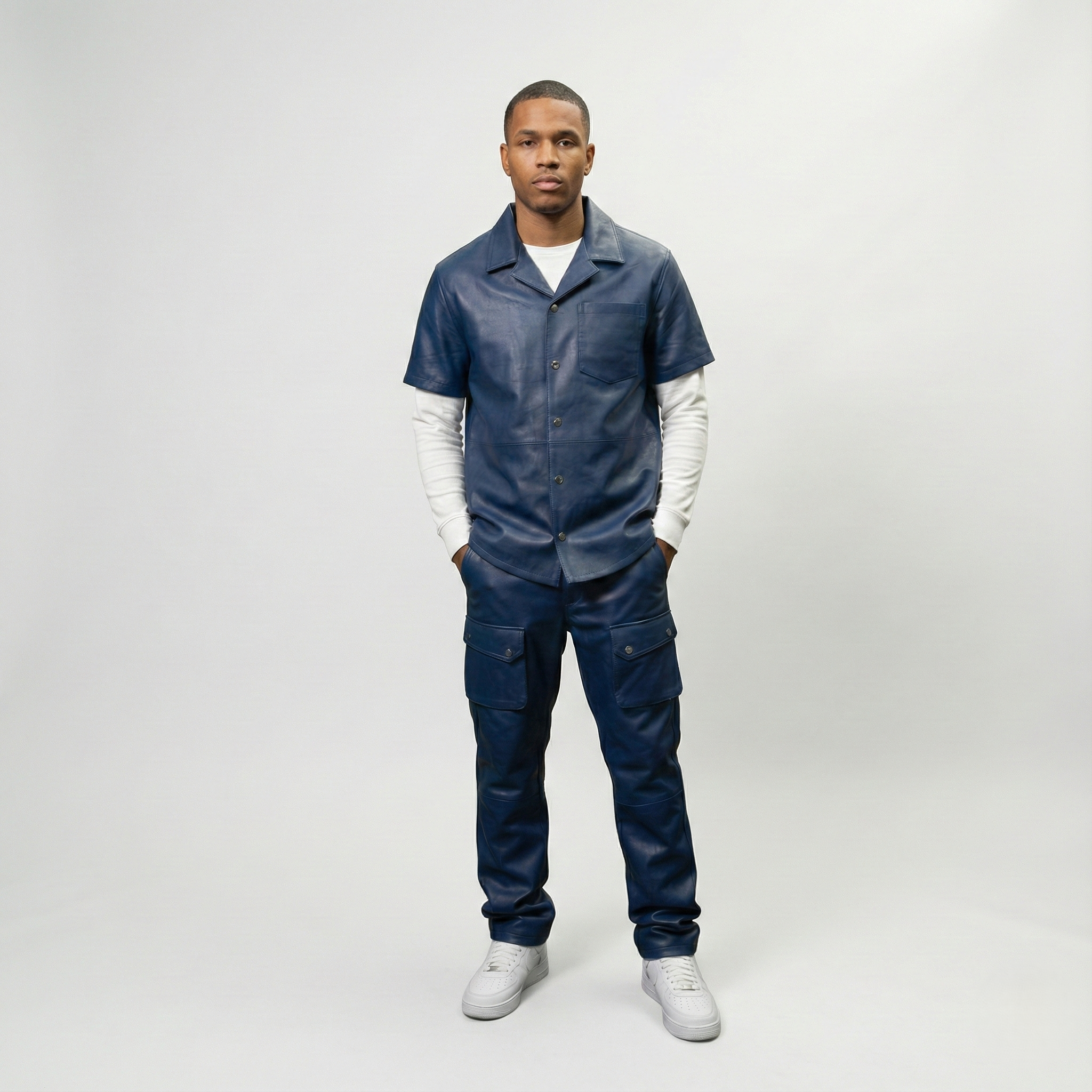 Men’s Navy Blue Matching Shirt and Pants Set – Modern Two-Piece Outfit