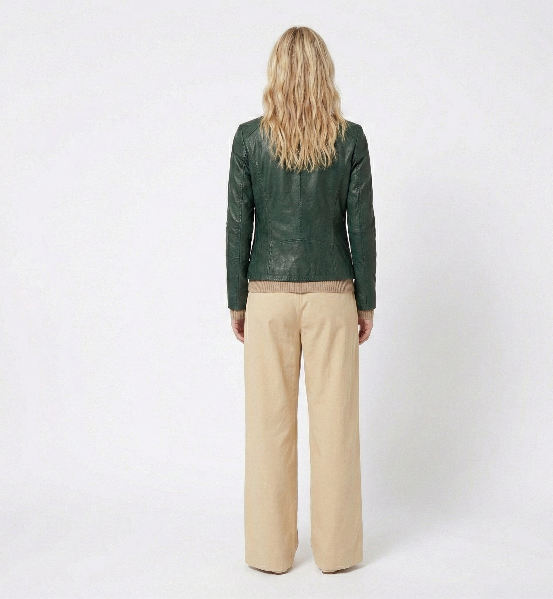 Women’s Dark Green Leather Jacket with Zip Front