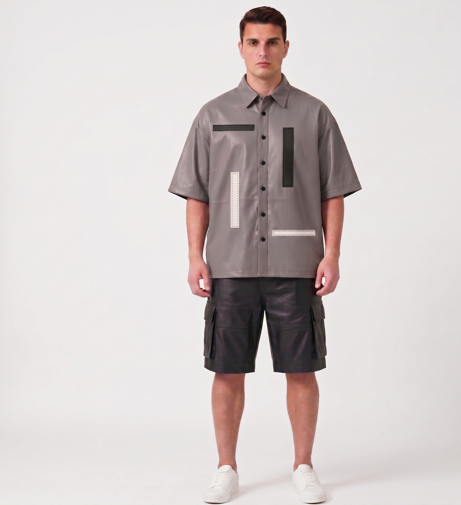Men’s Oversized real Leather Shirt & Cargo Shorts Set – Urban Streetwear