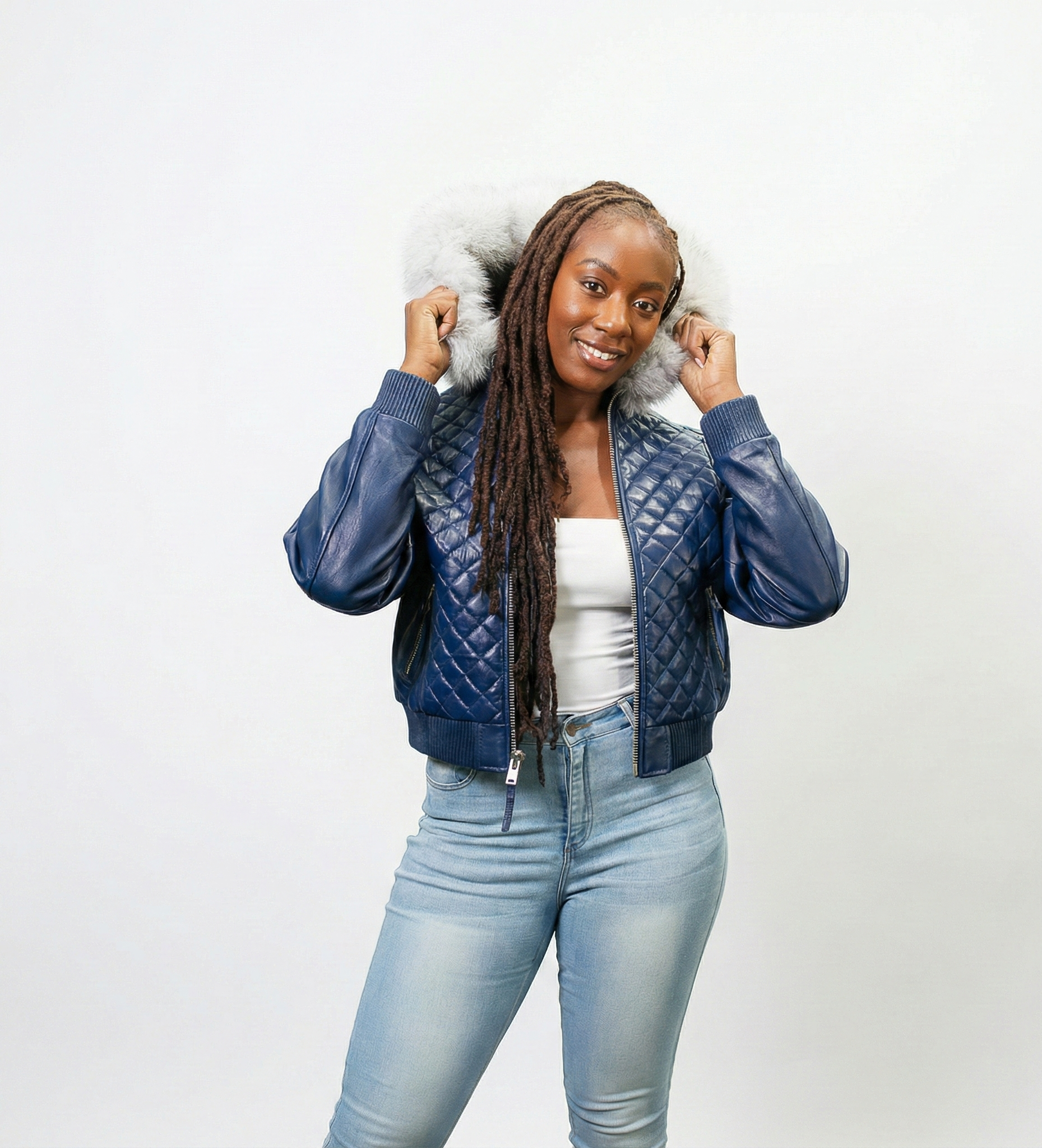 Women’s Blue Quilted Leather Jacket with Fur Hood