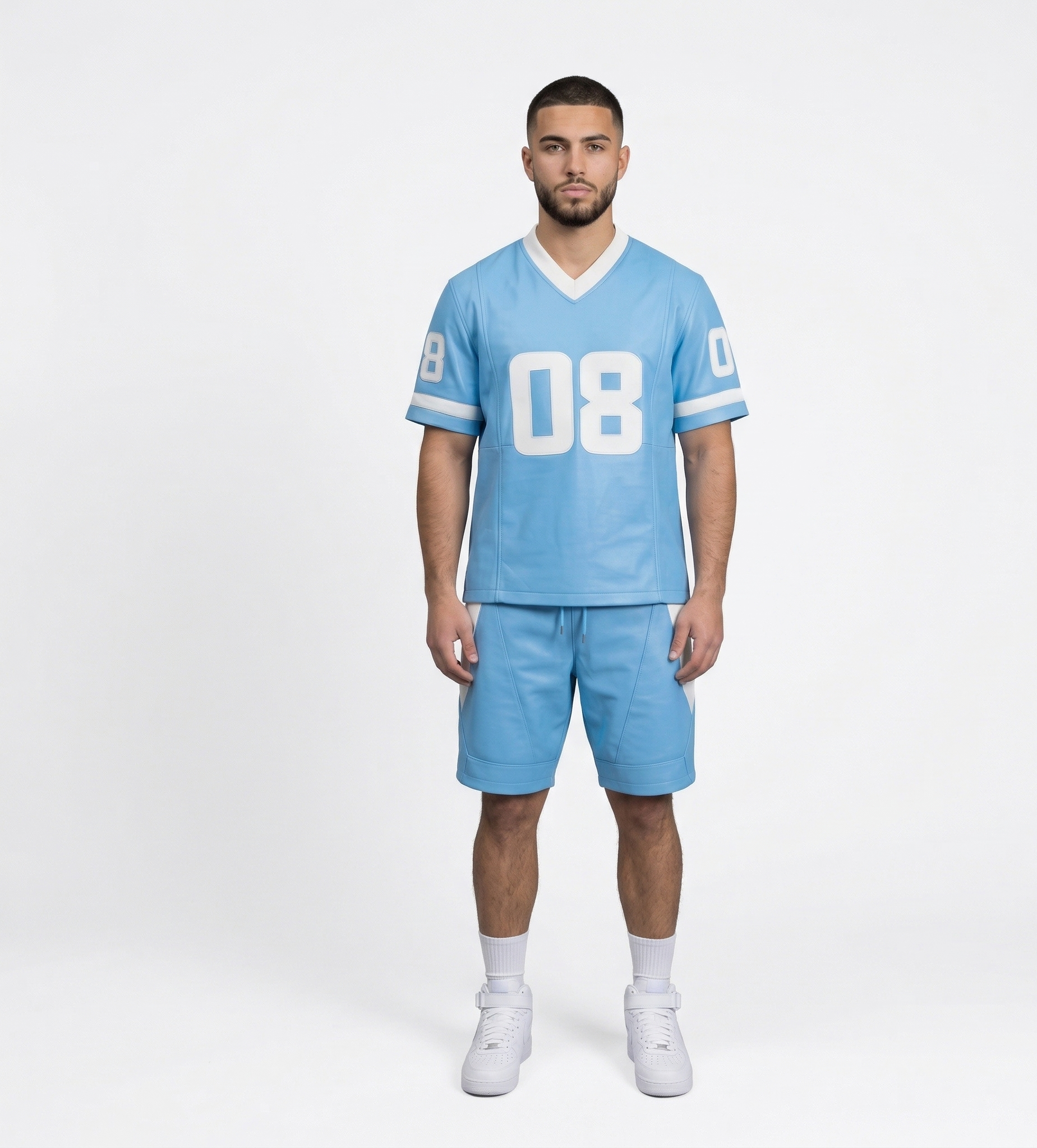 Men’s Urban Leather Jersey Outfit – Blue Sportswear Two-Piece Set