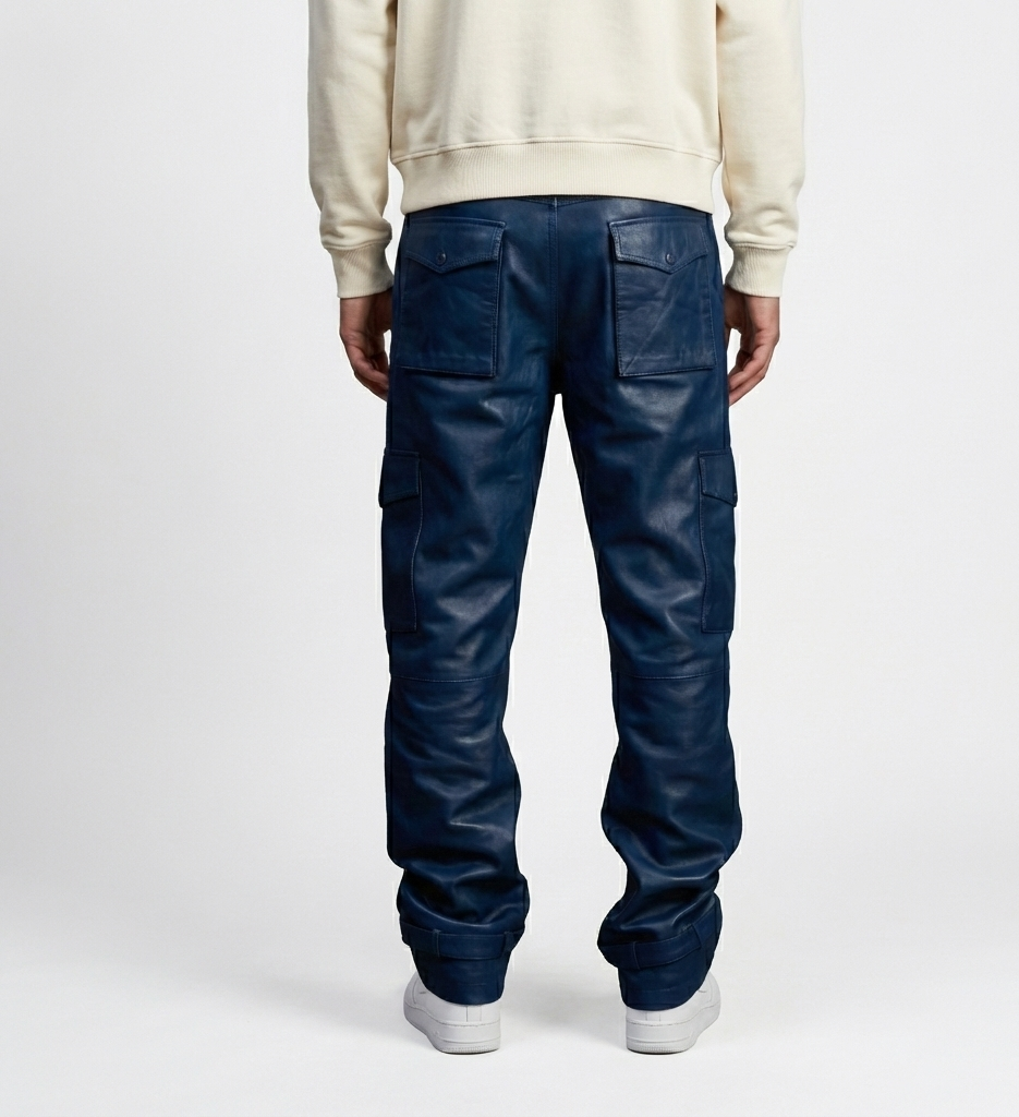 Men’s Blue Leather Cargo Pants with Side Pockets