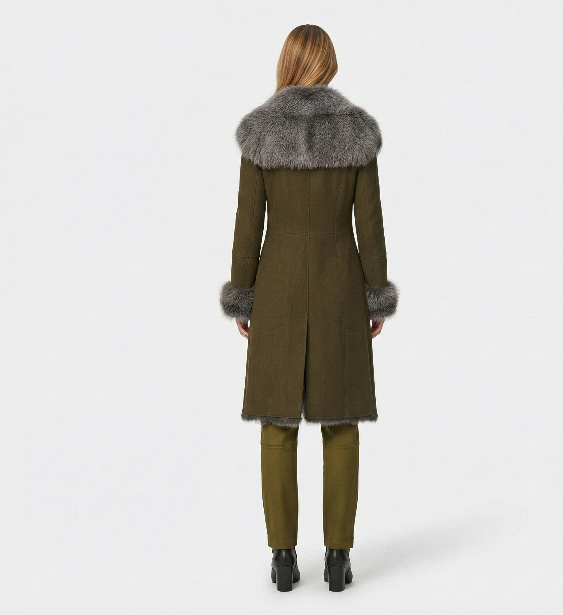 Women’s Olive Green Fur Trim Long Coat – Winter Parka Style Outerwear Jacket