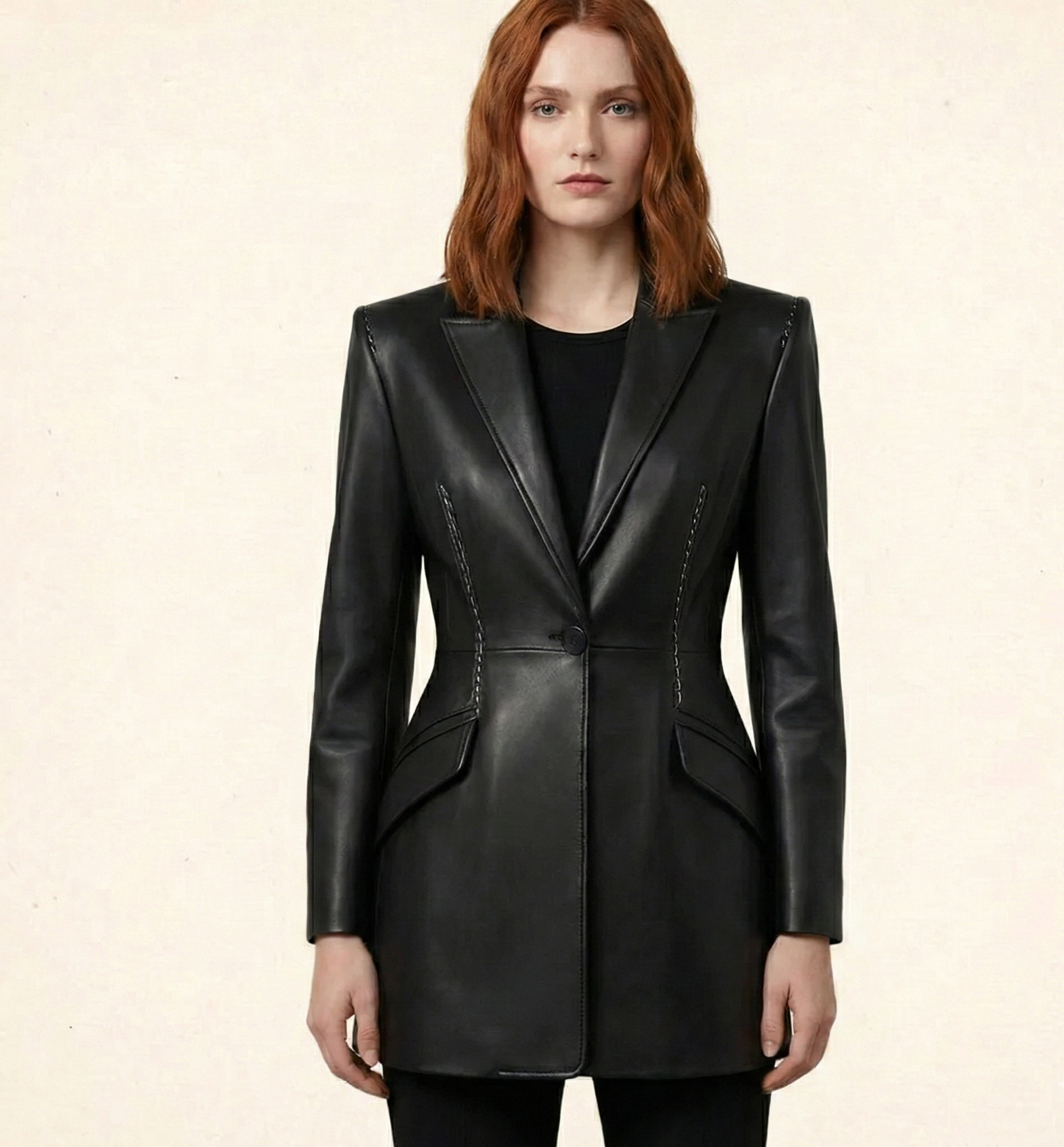 Women’s Black Leather Trench Coat – Elegant Tailored Fit
