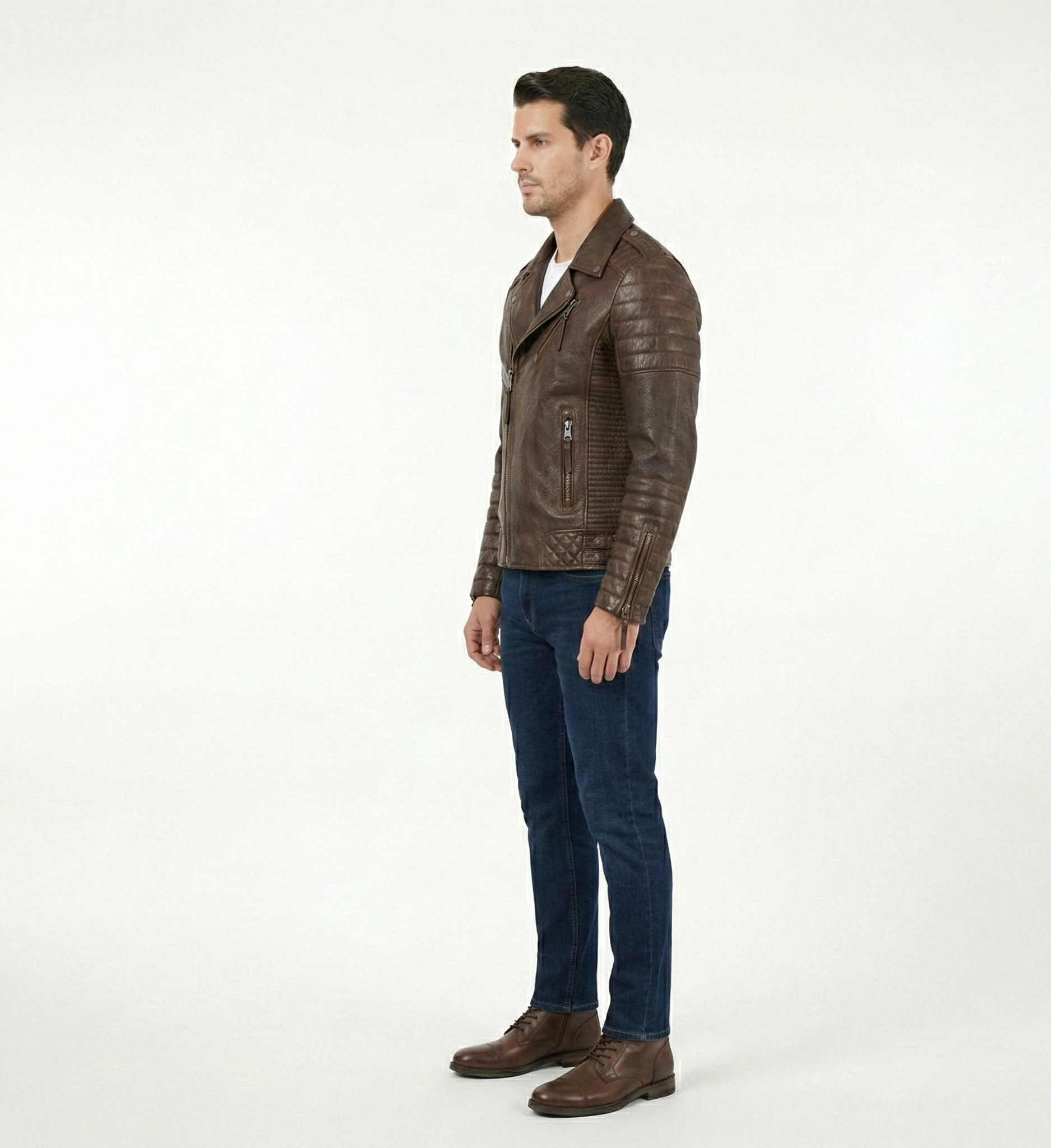 Men’s Brown Leather Biker Jacket – Slim Fit Moto Style