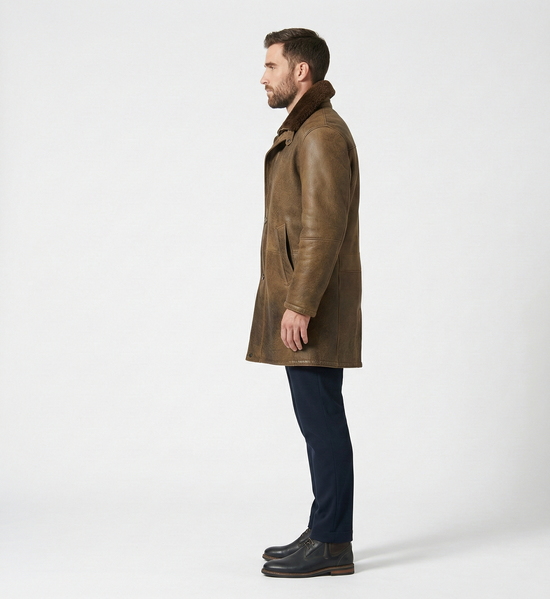 Men’s Leather Shearling Collar Coat – Classic Brown Winter Overcoat