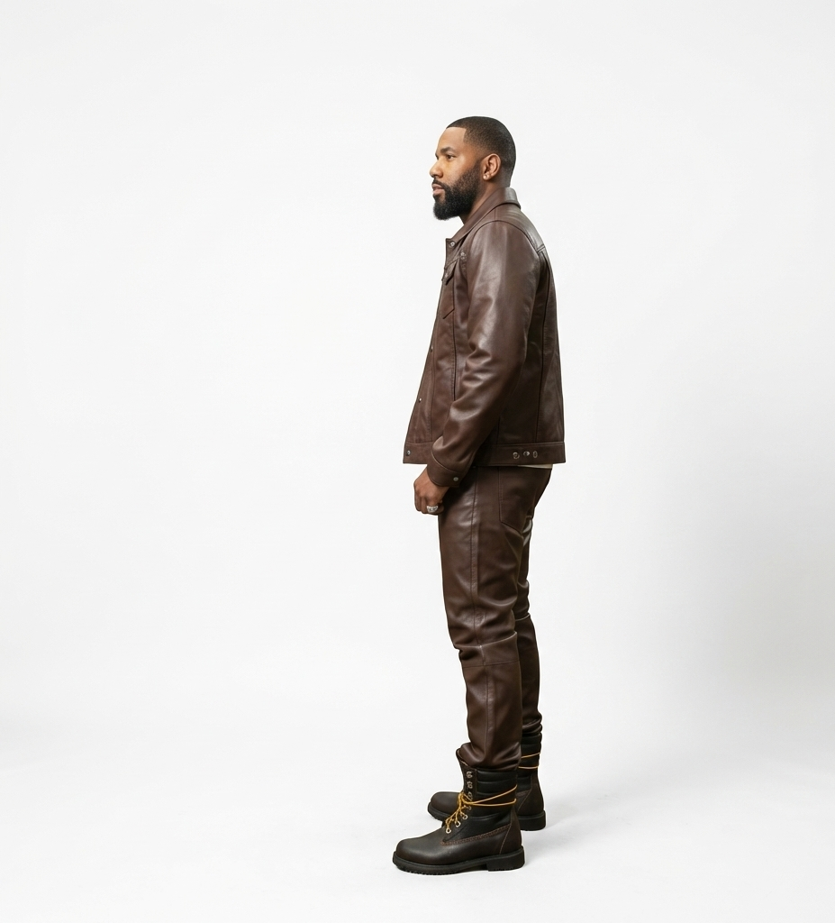 Men’s Brown Leather Jacket & Pants Set – Casual Two-Piece Outfit