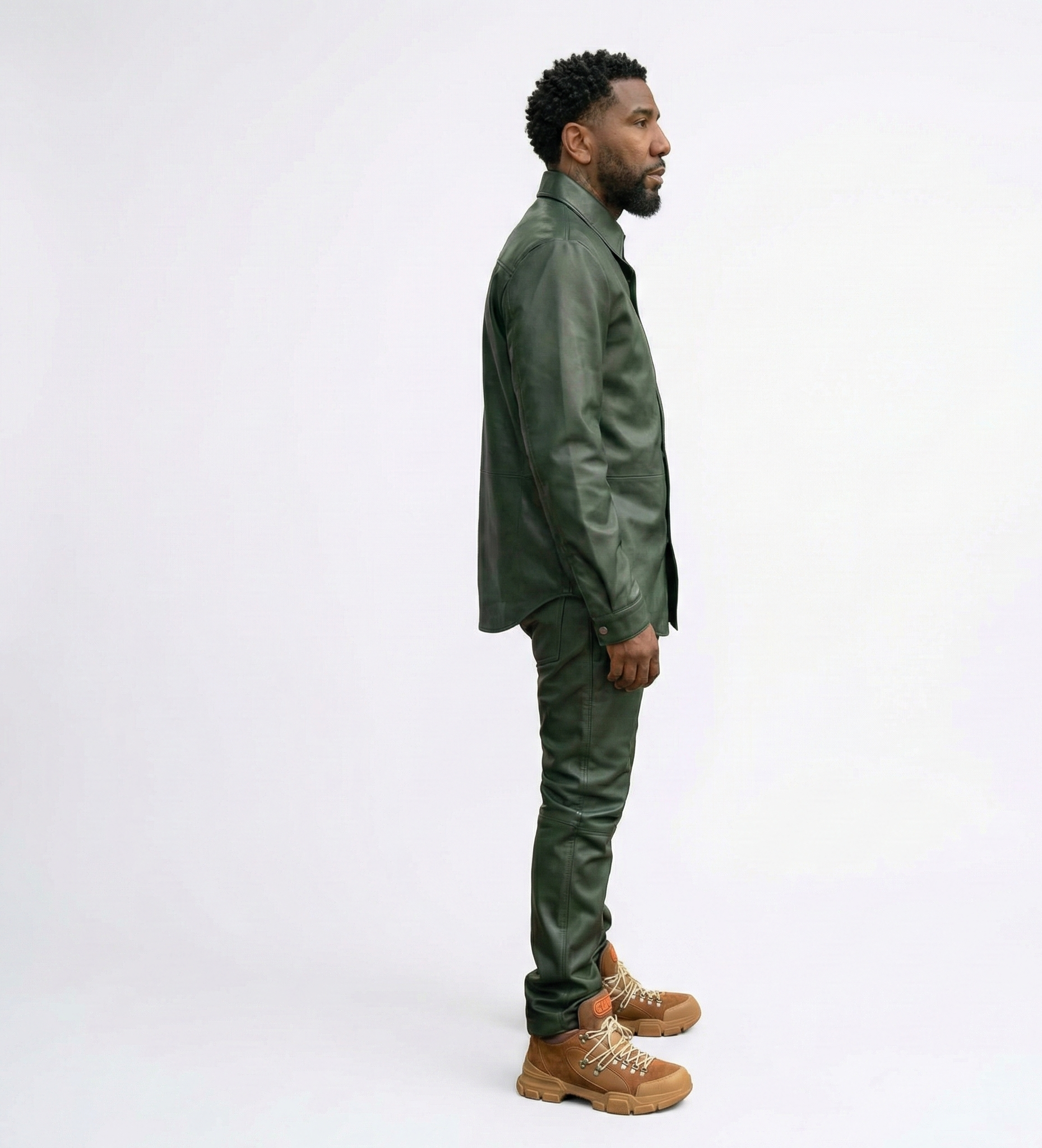 Men’s Green Leather Jacket & Pants Set with Utility pockets