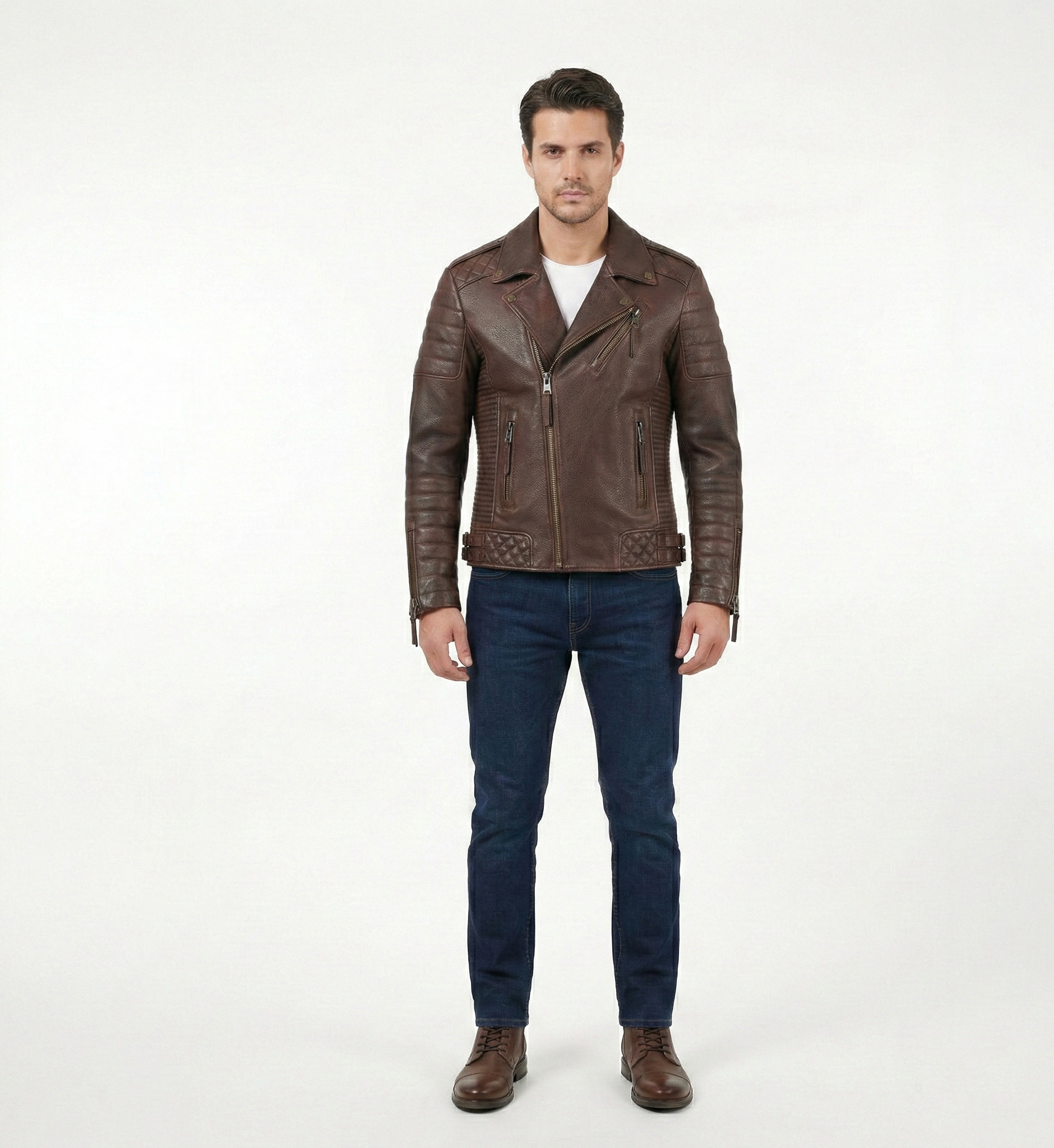 Men’s Brown Leather Biker Jacket – Slim Fit Moto Style