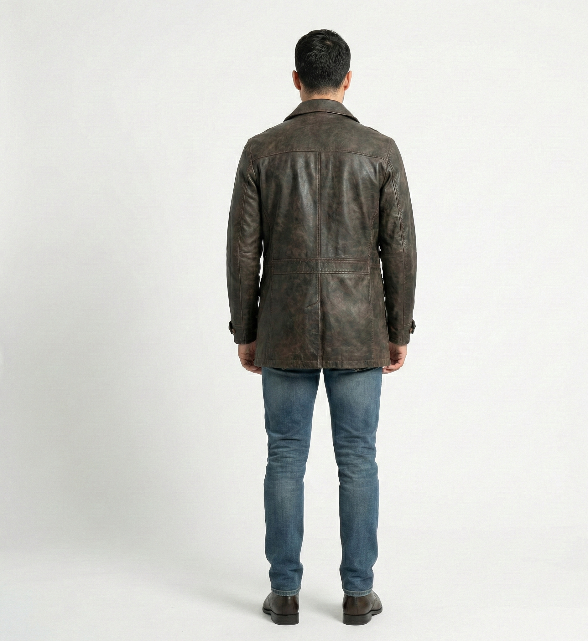 Men’s Brown Distressed Leather Trench Coat – Mid-Length Outerwear